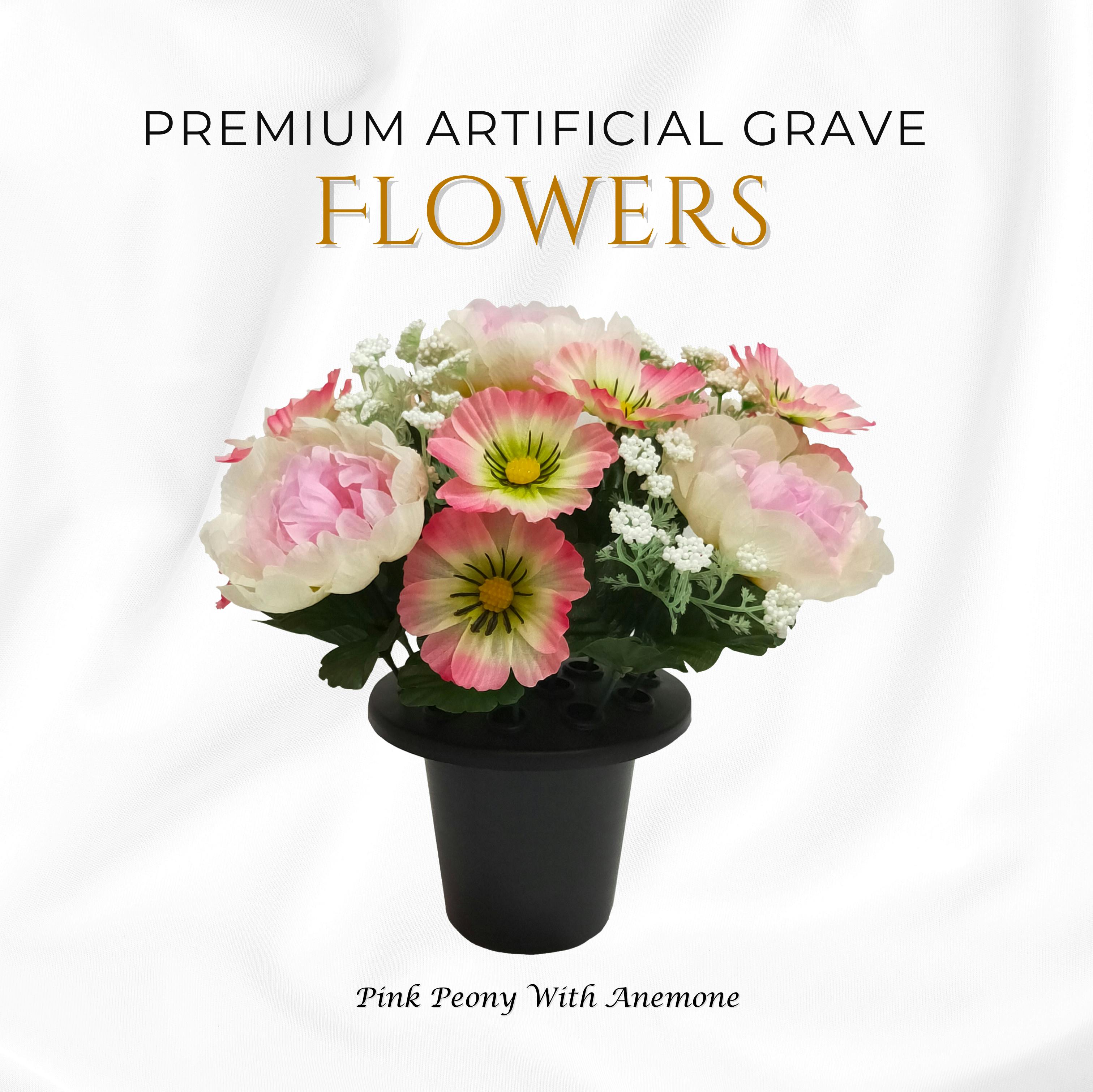 Rackhams Pink Premium Artificial Grave Flowers – 25Cm Peony With Anemone | Memorial Vase Pot