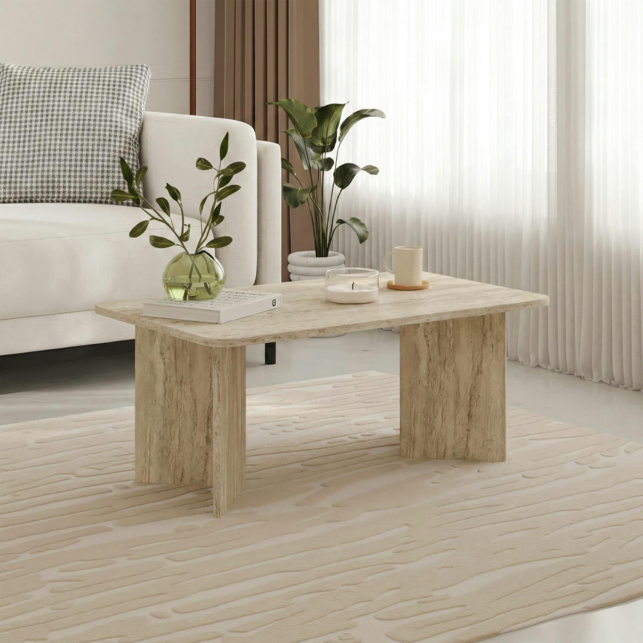 Rackhams Light Modern Radius Coffee Table 100Cm Rectangular Centre Table With 2-Panel Base Leg Particleboard, Living Room - Travertine
