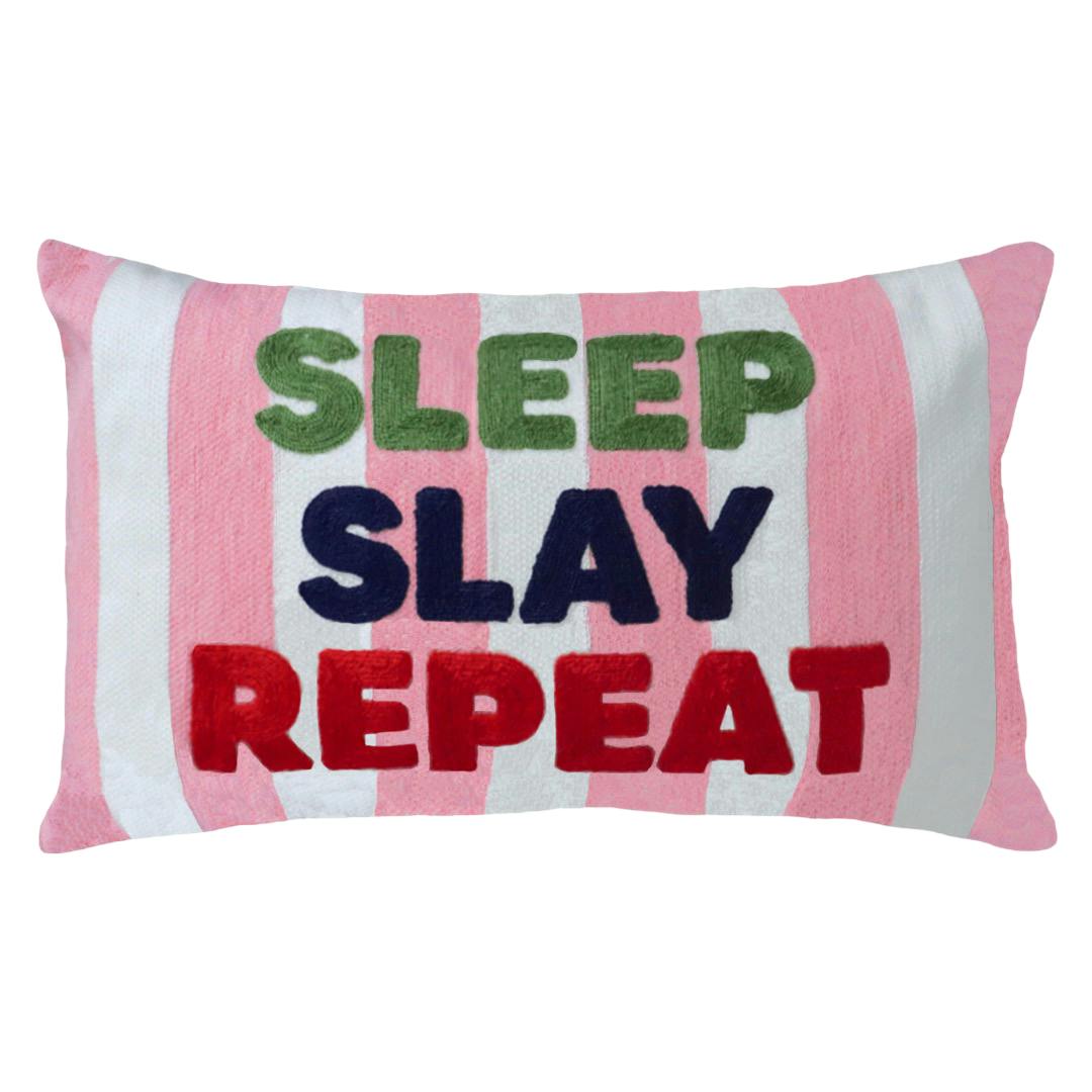 The Pillow Drop Pink/Light Motivational Needlepoint Pillow – Sleep Slay Repeat