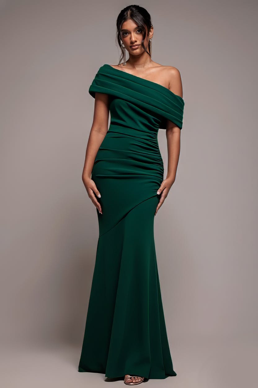 Goddiva Green Pleated One Shoulder Bardot Fit And Flare Maxi Dress - Emerald By - Emerald - 12