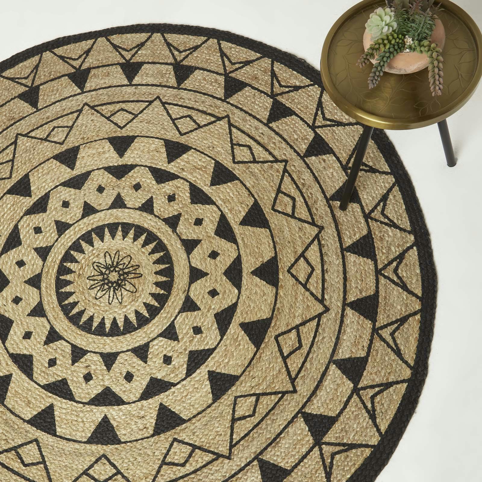Rackhams Black Natural & Mandala Braided Jute Rug - 120 Cm Round