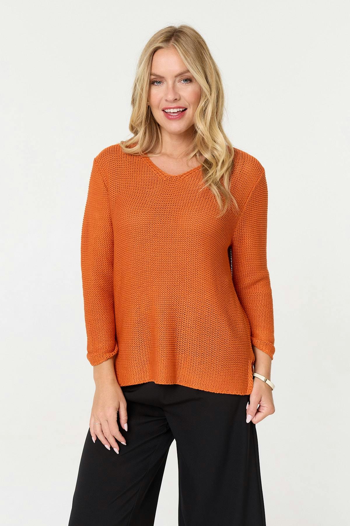 Izabel London Orange Mesh Texture 3/4 Sleeve Relaxed Top - 12/14