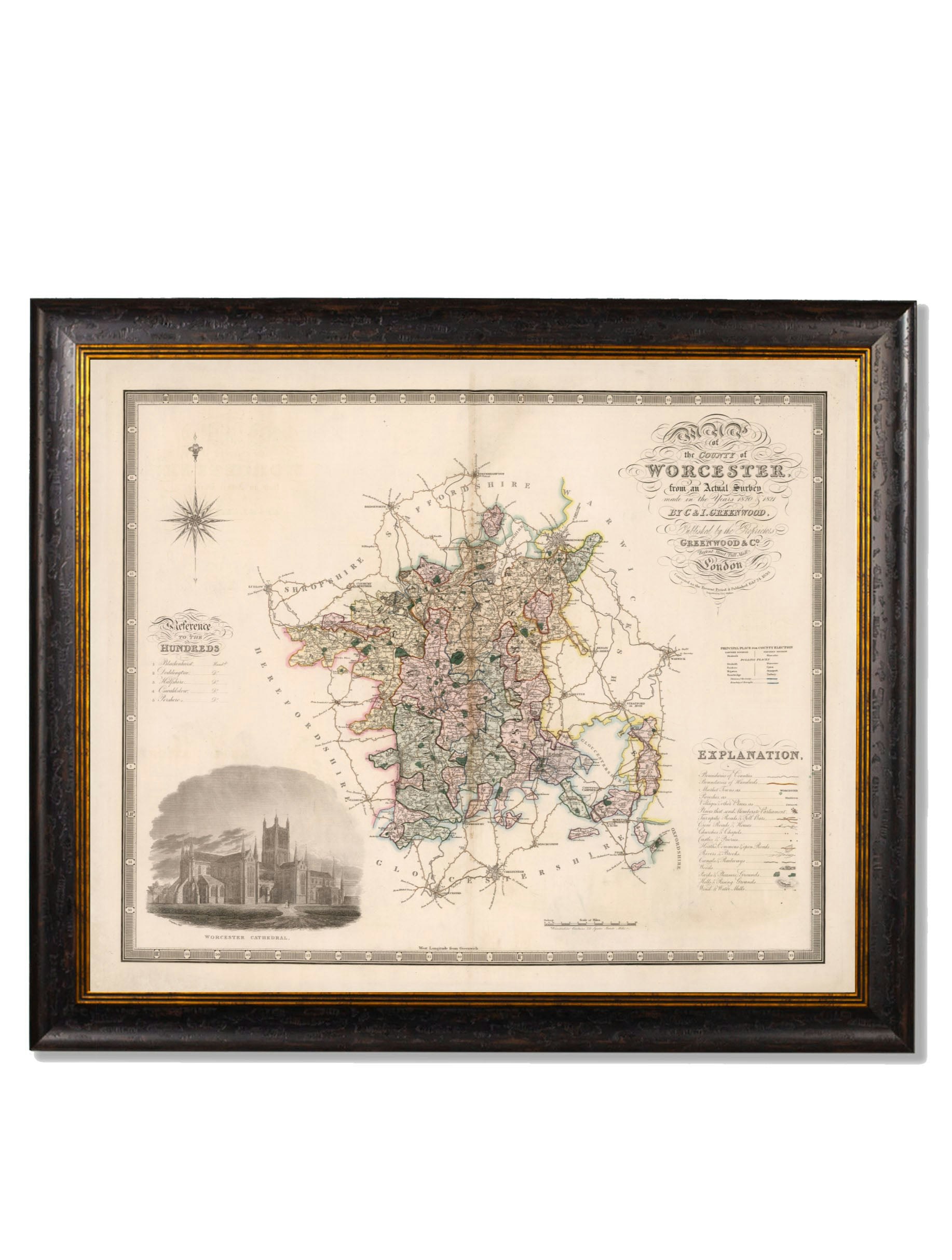 Exceptional Art Black C.1830 County Maps Of England - 70 X 84Cm - Worcester