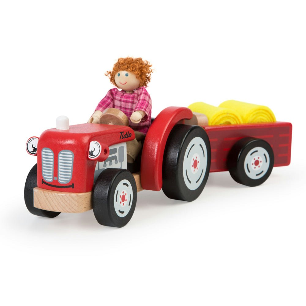 Tidlo Red Wooden Tractor & Trailer Toy - Includes 2 Felt Hay Bales