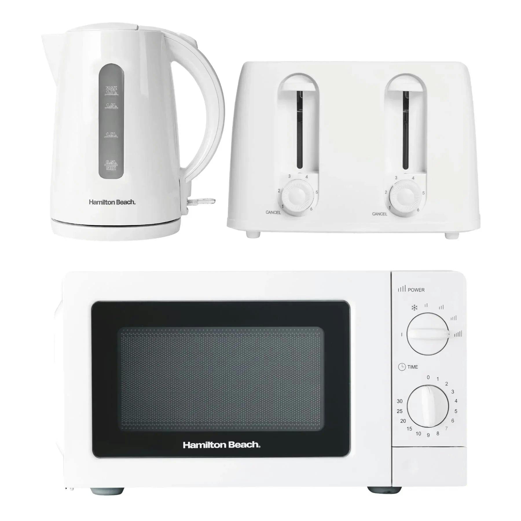 Hamilton Beach White Essentials Kettle, 4 Slice Toaster & 20L Stainless Steel Cavity Microwave Set