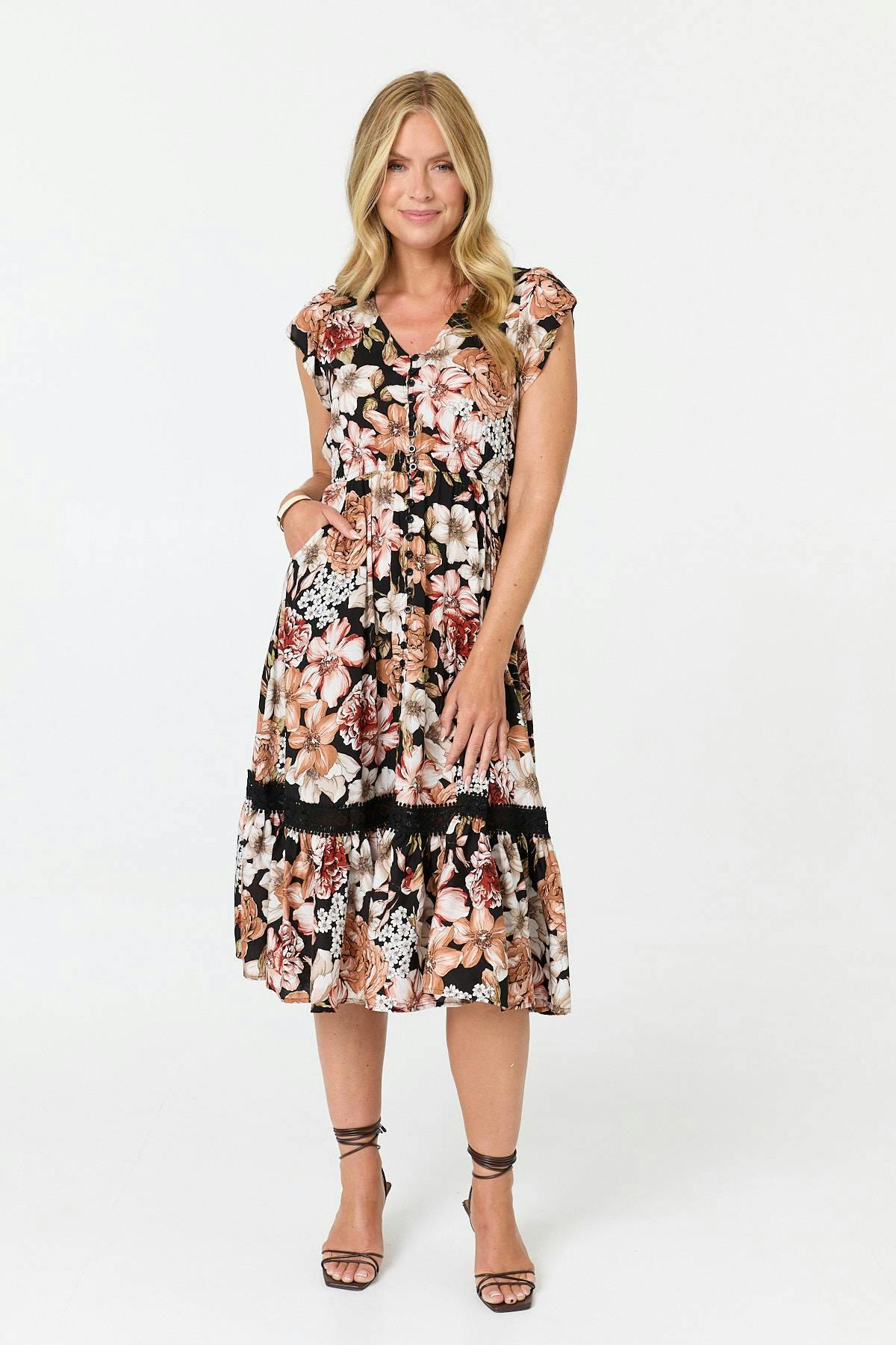 Izabel London Black Floral Cap Sleeve Relaxed Midi Dress - 8