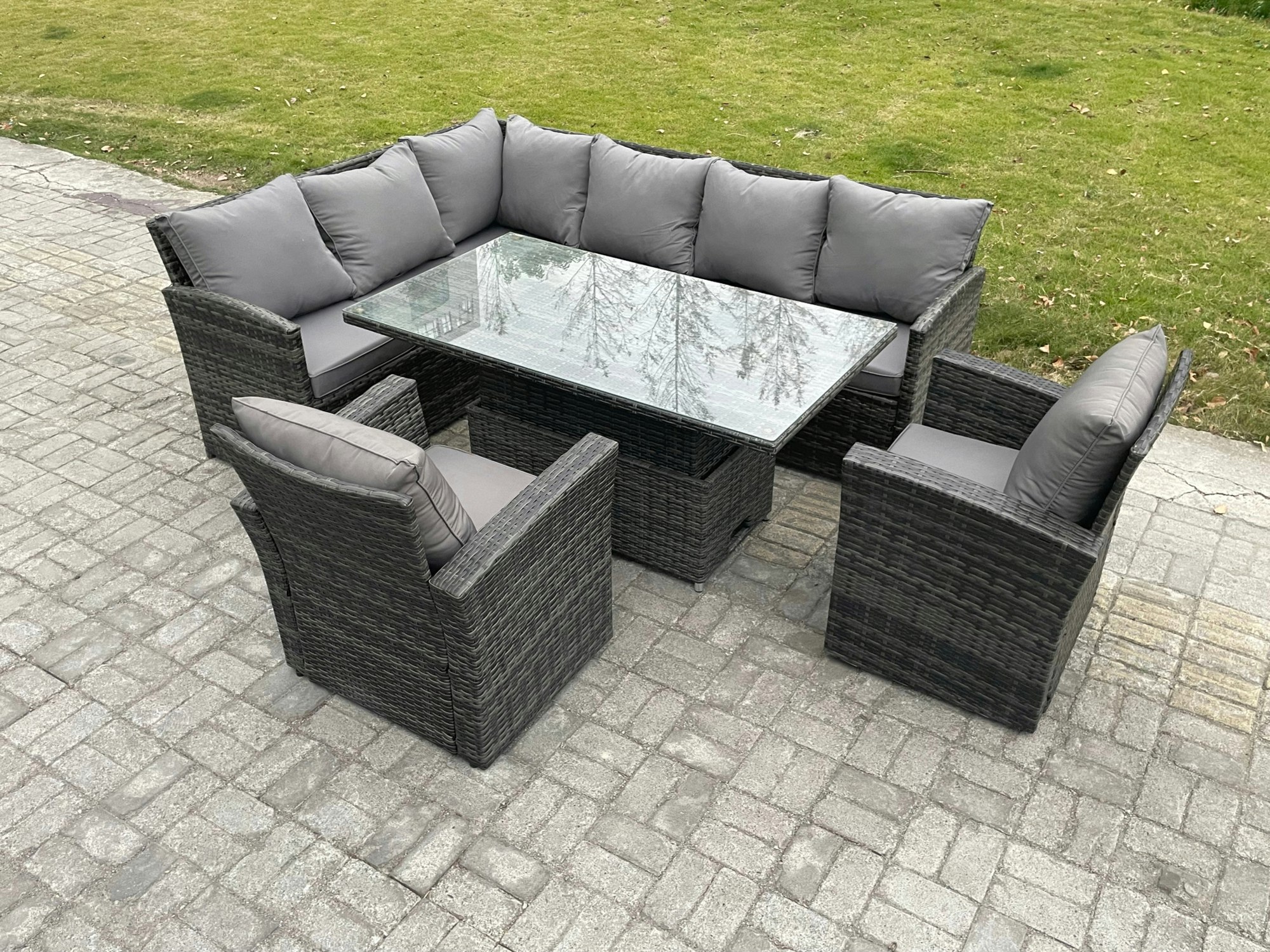 Rackhams Dark/Grey Wicker Pe Outdoor Rattan Garden Furniture Set Height Adjustable Rising Lifting Table Sofa Dining Set With 2 Armchairs Mixed