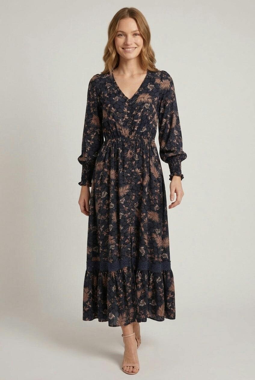 Izabel London Floral Print Maxi Long Sleeve Dress - 16 - Navy