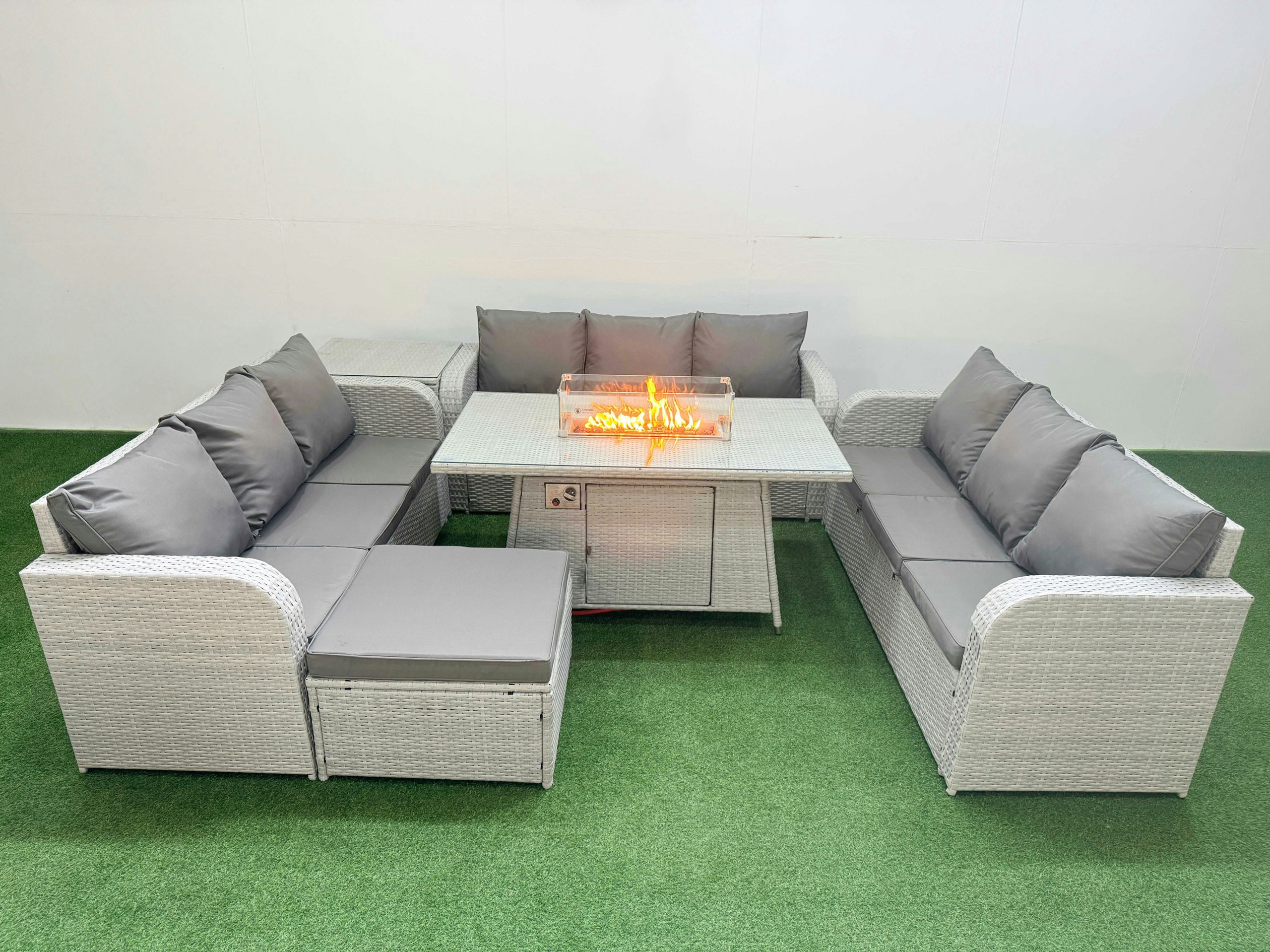 Rackhams Light/Grey Pe Rattan Lounge Sofa Set 10 Seater Outdoor Garden Furniture Set With Fire Pit Dining Table 3 Seater Sofa Big Footstool Side Table