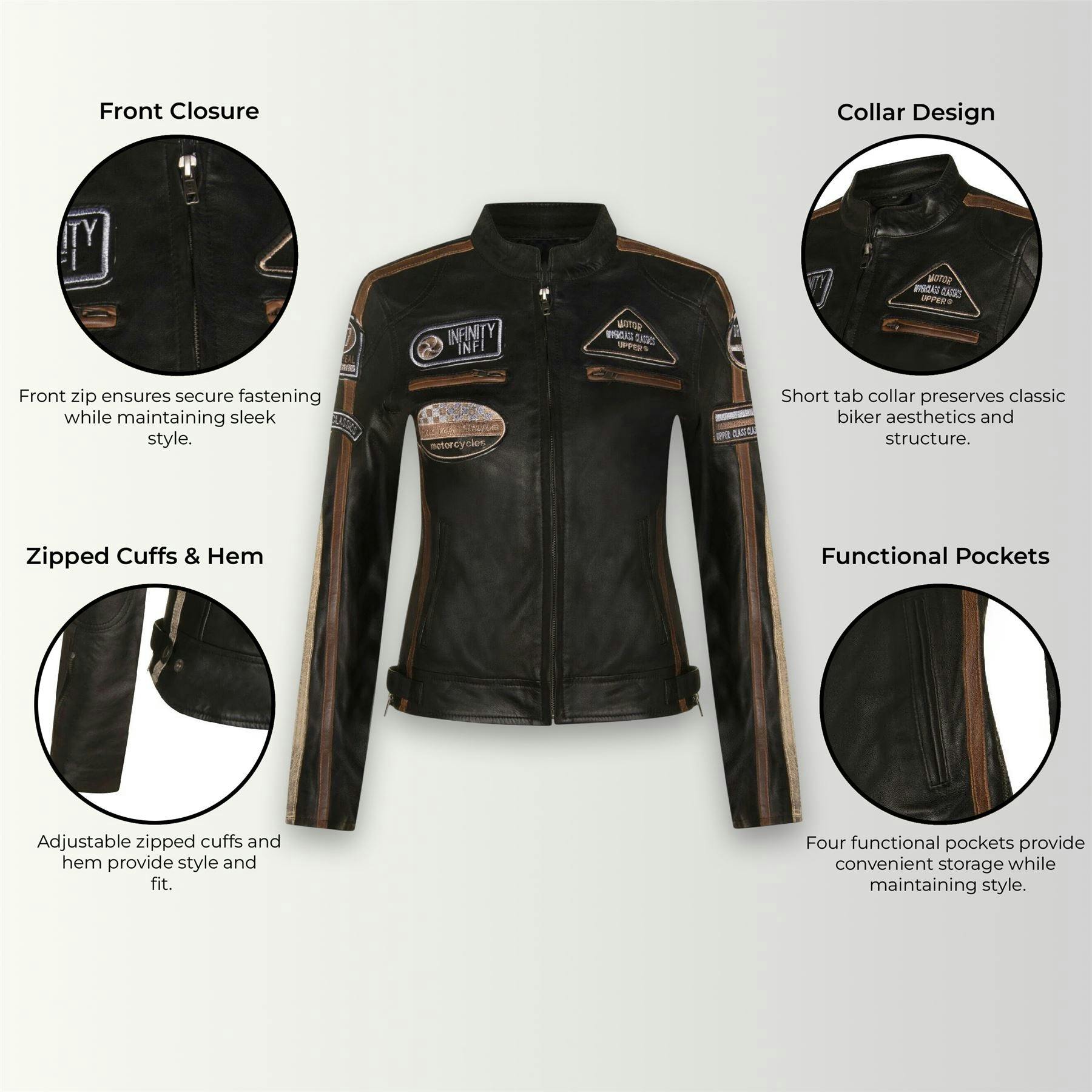 Infinity Leather Women's Black Leather Biker Racing Badges Jacket-Agadir - Uk 3XL/20 | Eu 46 | Us 16