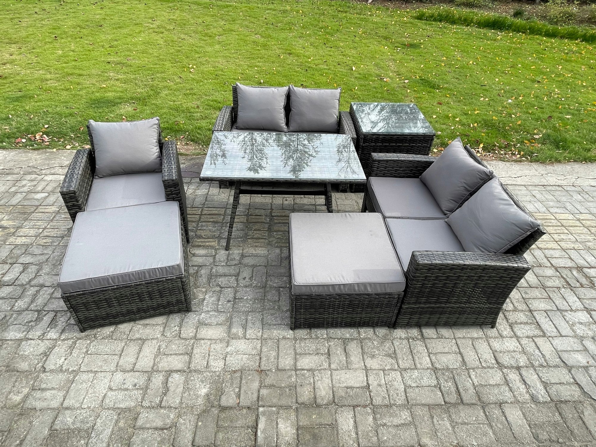 Rackhams Dark/Grey Garden Dining Set - Mixed Pe Wicker Rattan Outdoor Sofa With Rectangular Dining Table & 2 Big Footstools