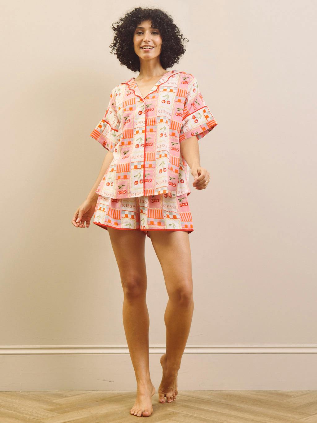 Their Nibs Pink/White Cherry Kisses Gauze Oversized Short Pyjama Set - 3XL / 22-24