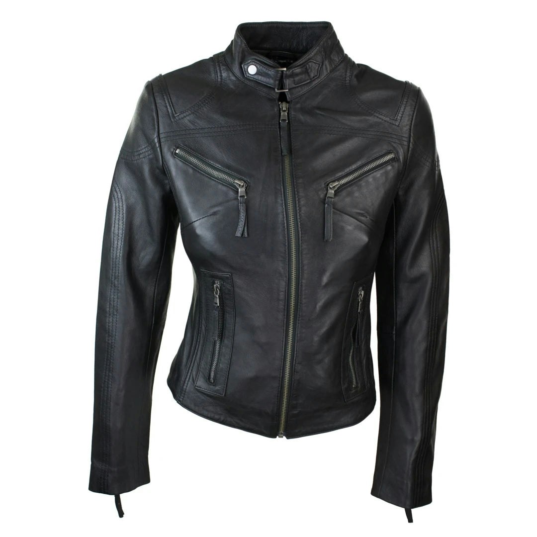 Infinity Leather Women's Black Leather Company Leather Tan Biker Jacket - Uk 22