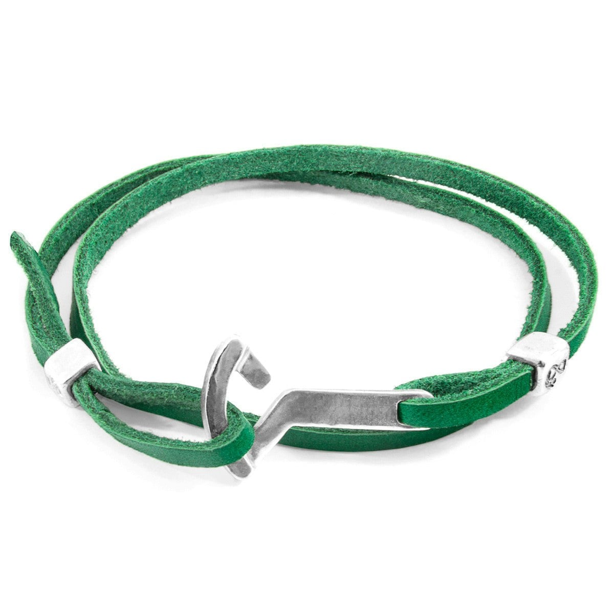 Anchor & Crew Green/Silver Fern Flyak Anchor And Flat Leather Bracelet