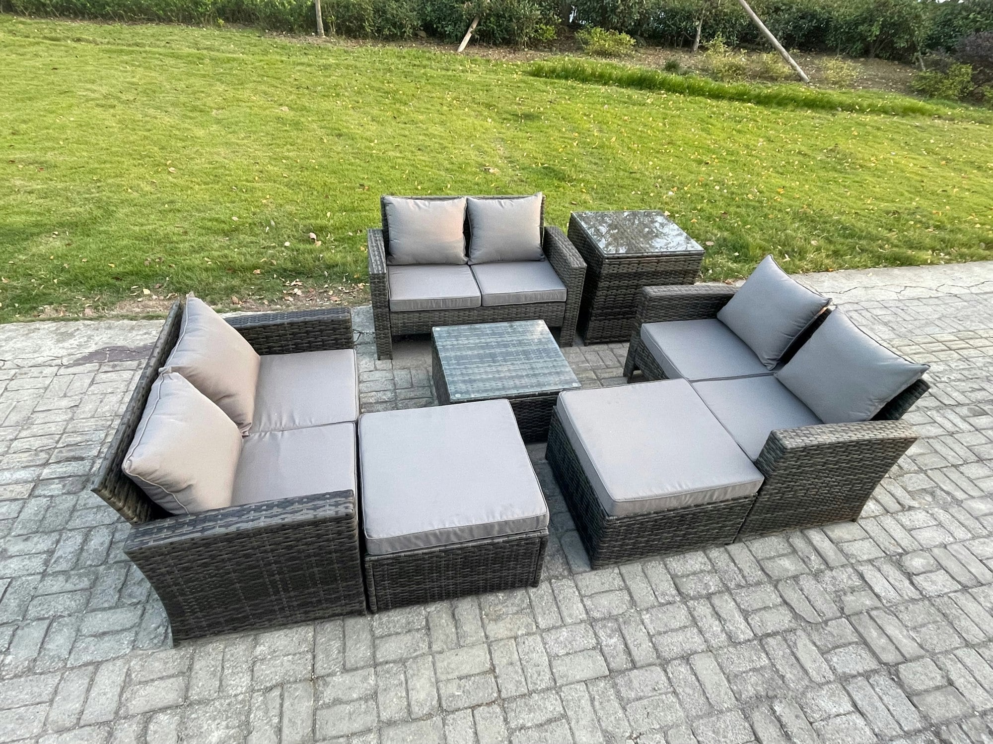 Fimous Dark/Grey Outdoor Lounge Sofa Set - Mixed Pe Wicker Rattan Garden Furniture With Square Coffee Table & 2 Big Footstools