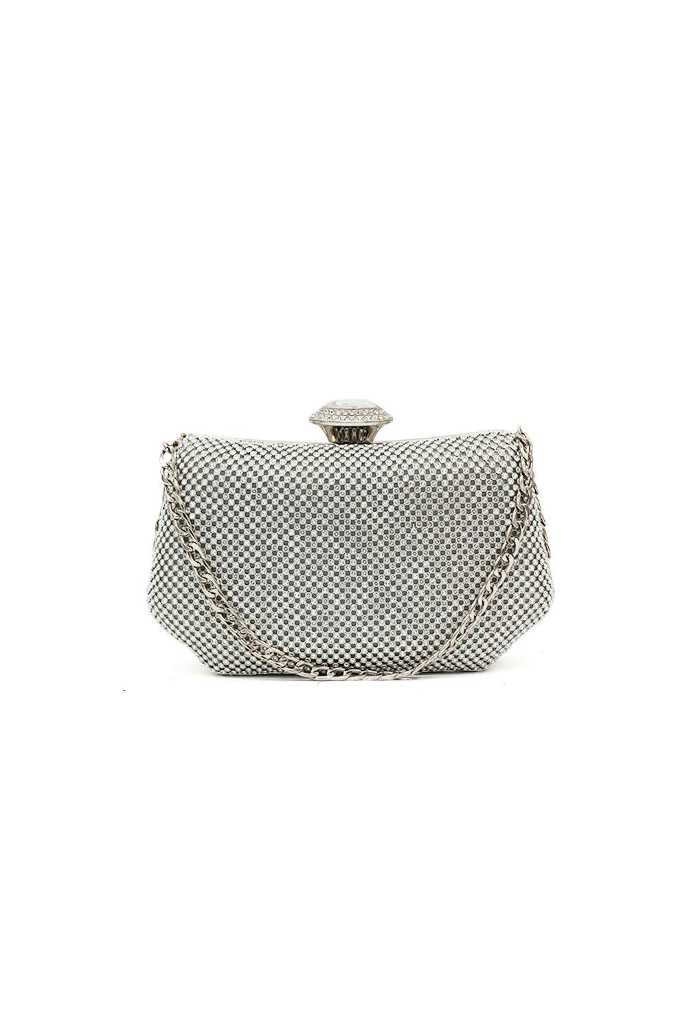 Pluspup Silver Sparkling Evening Clutch Bag With Chain Strap And Jewel Clasp