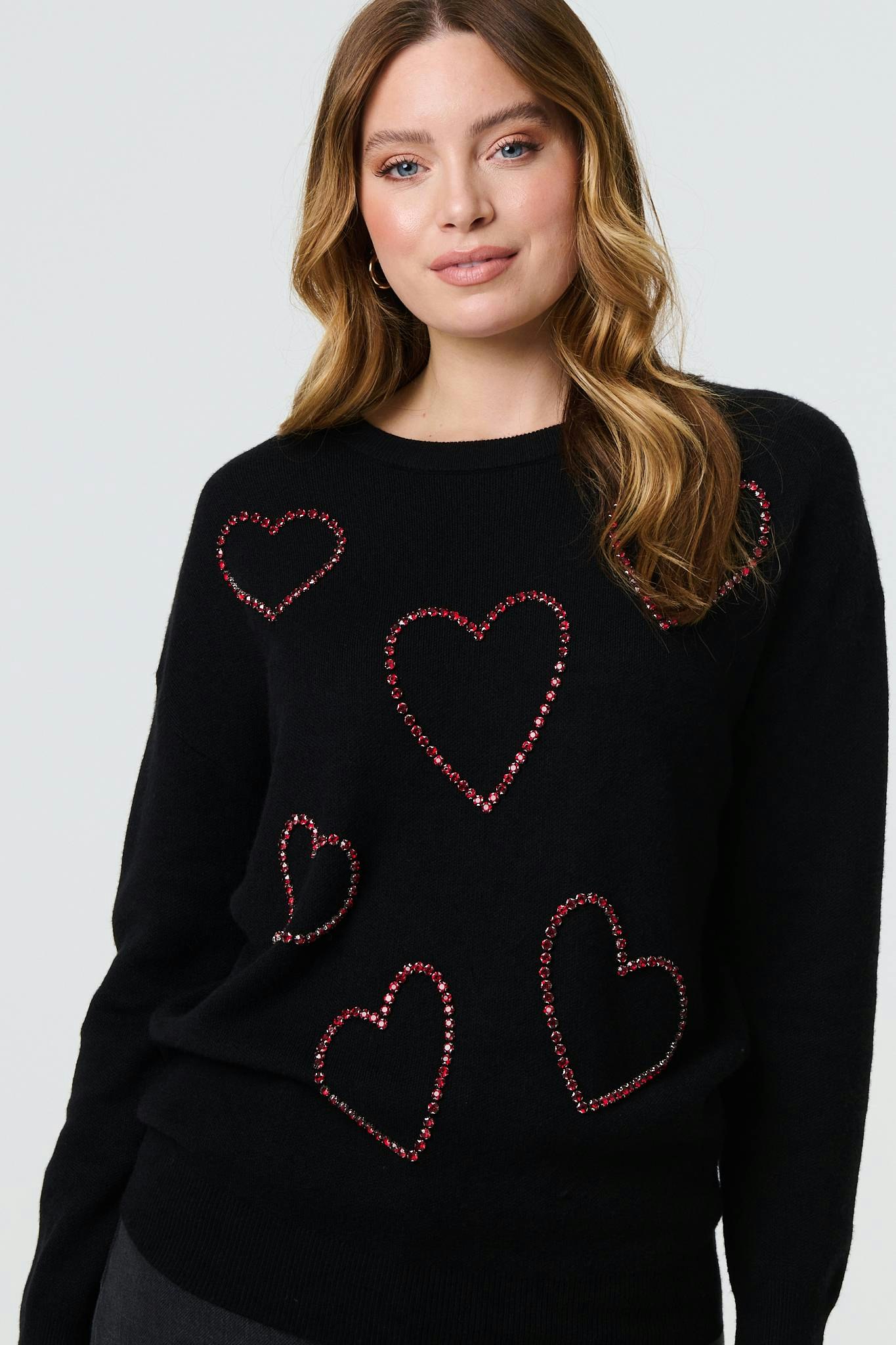 Izabel London Black Heart Embellished Long Sleeve Jumper - 12