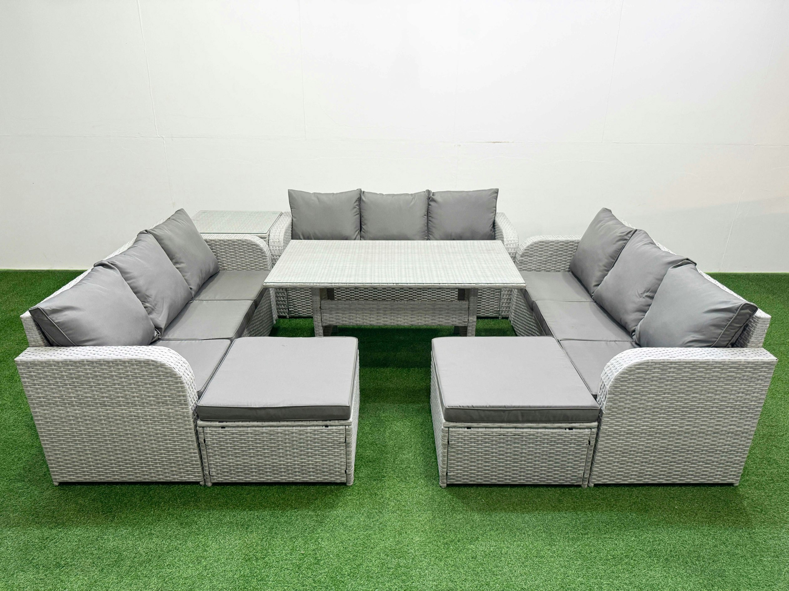 Fimous Light/Grey 11-Seater Pe Rattan Outdoor Lounge Set | Rectangular Dining Table, 3-Seater Sofa, 2 Footstools, Side Table