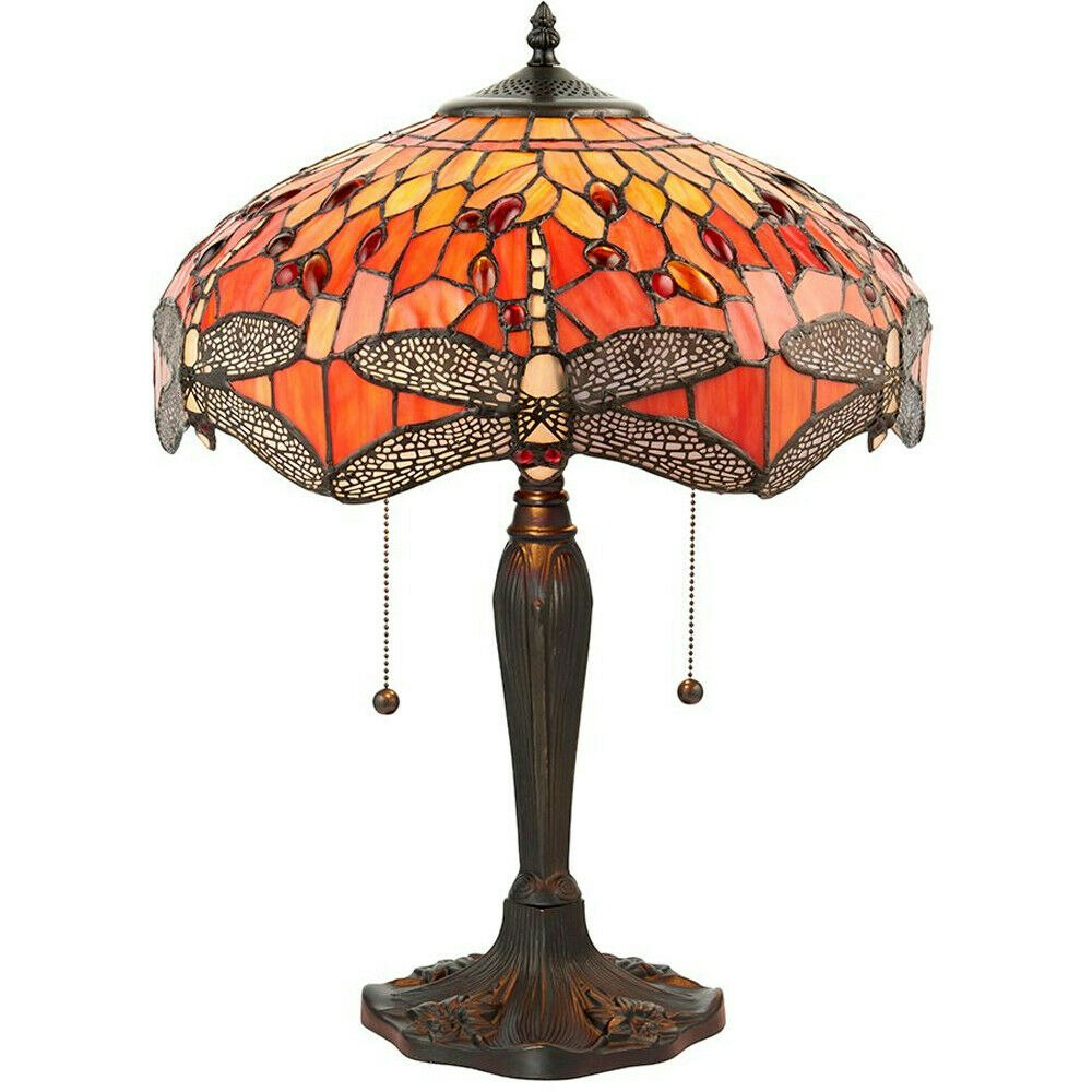 Loops Light/Dark/Bronze Tiffany Glass Table Lamp Base & Orange Dragonfly Shade I00197 Medium