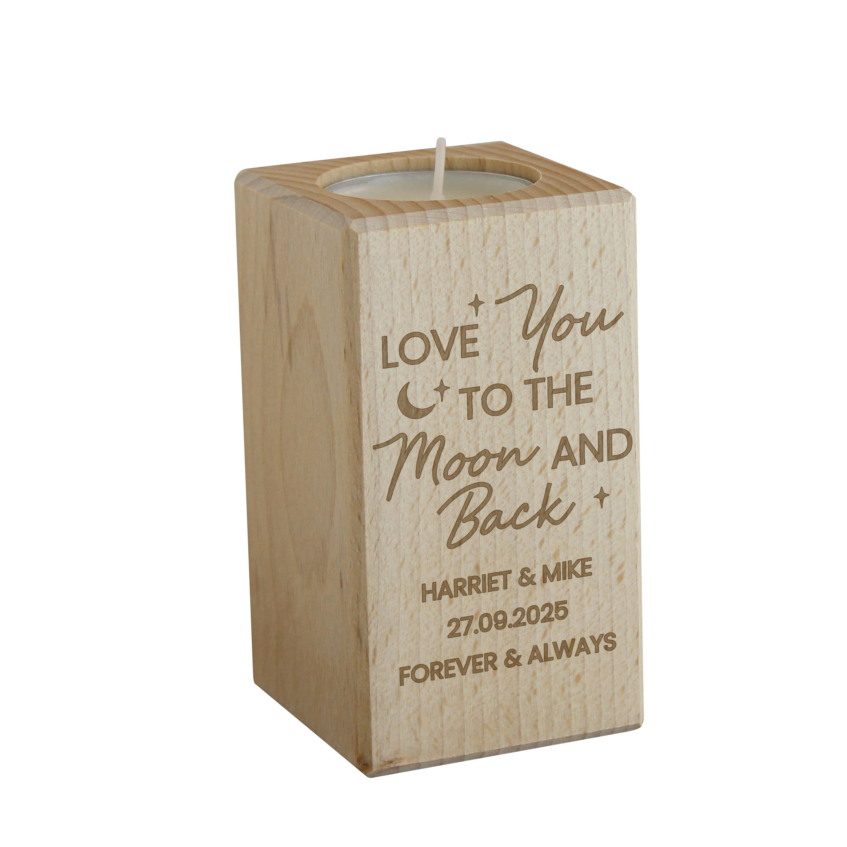 Rackhams Grain Personalised Love You To The Moon Wooden Tealight Holder