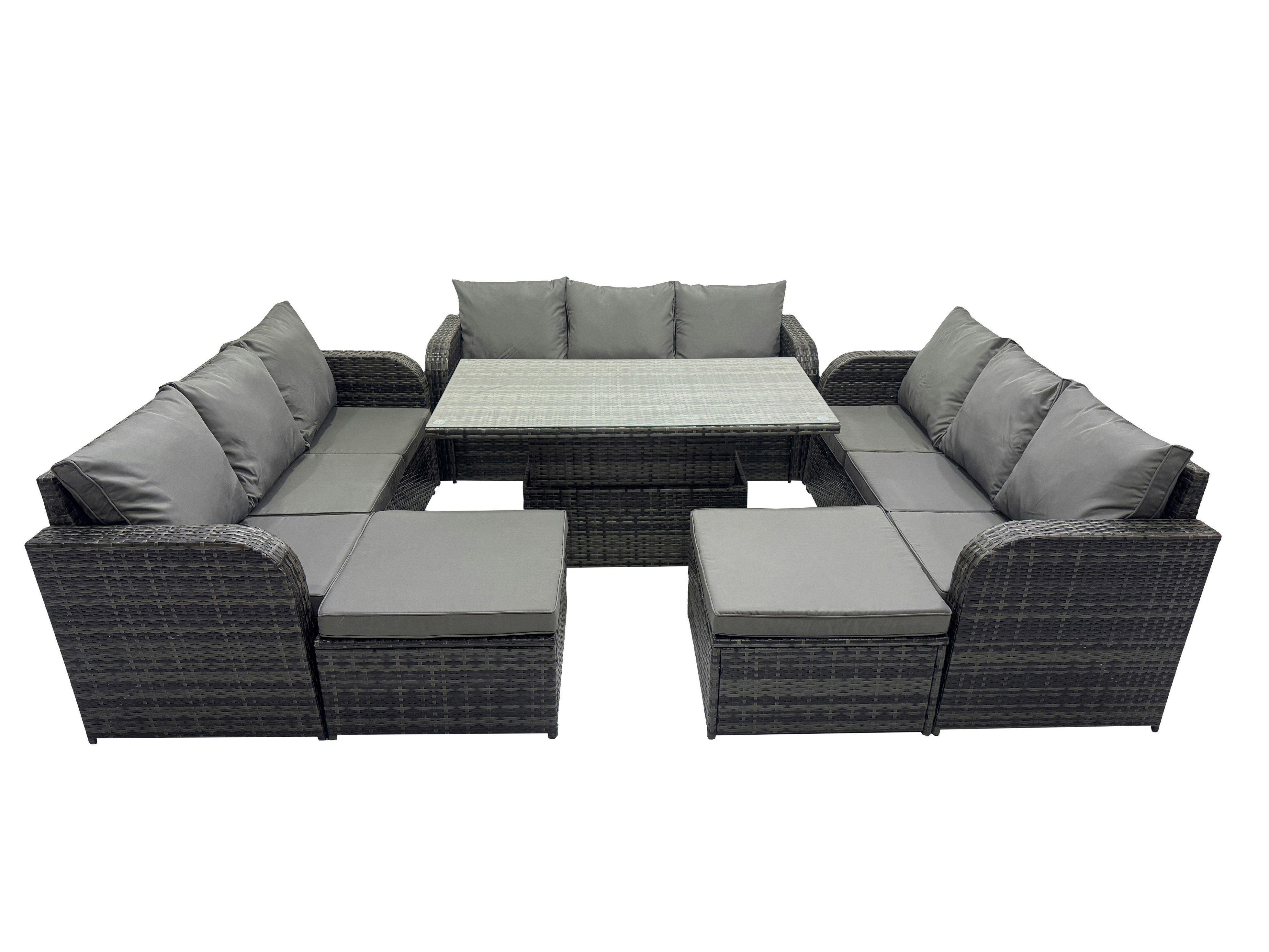 Rackhams Dark/Grey Rattan Garden Furniture Dining Set 11 Seater Patio Height Adjustable Rising Lifting Table Sofa Set With 2 Big Footstools Mixed