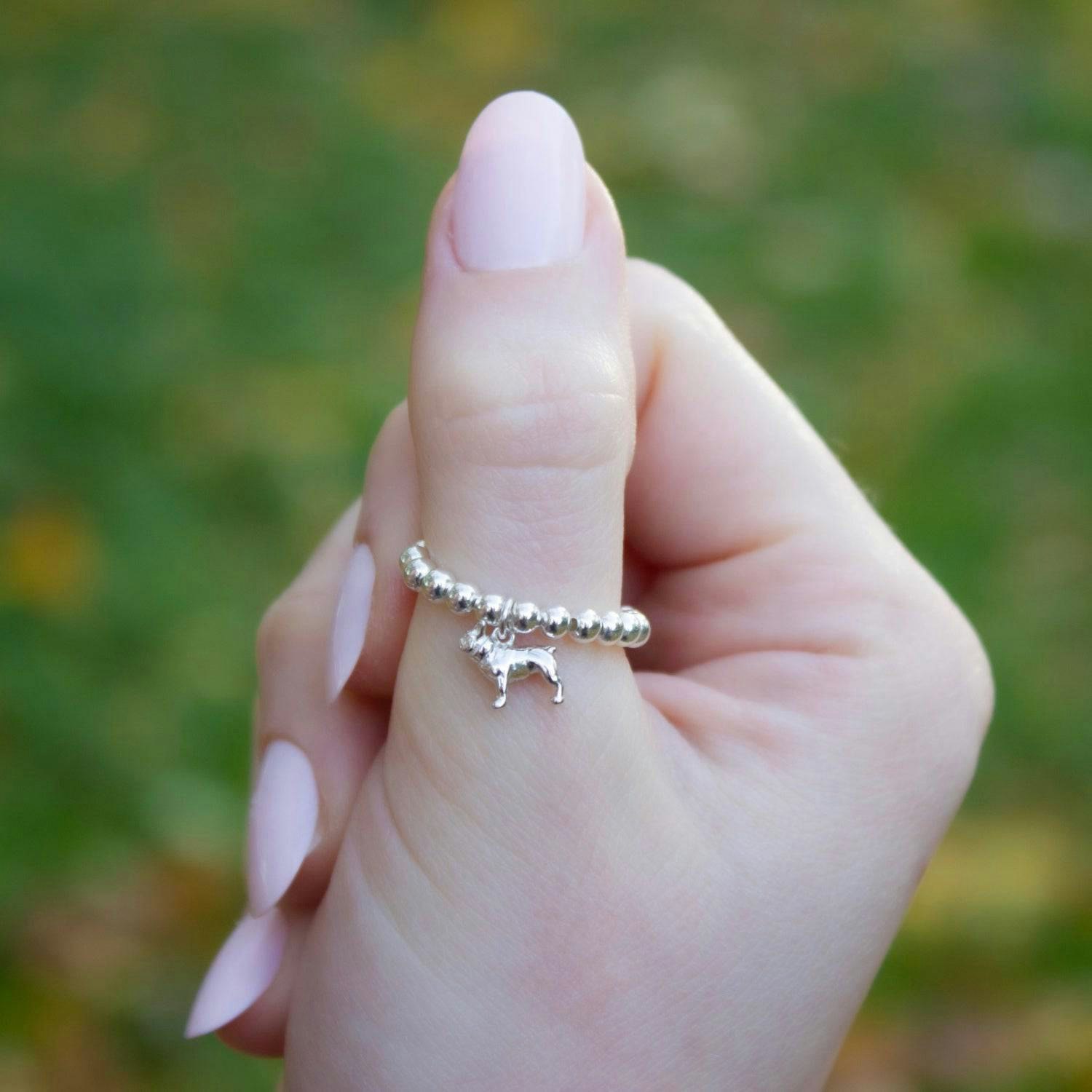 Mylee London Silver Sterling Ball Bead Ring With French Bulldog Charm - Yes