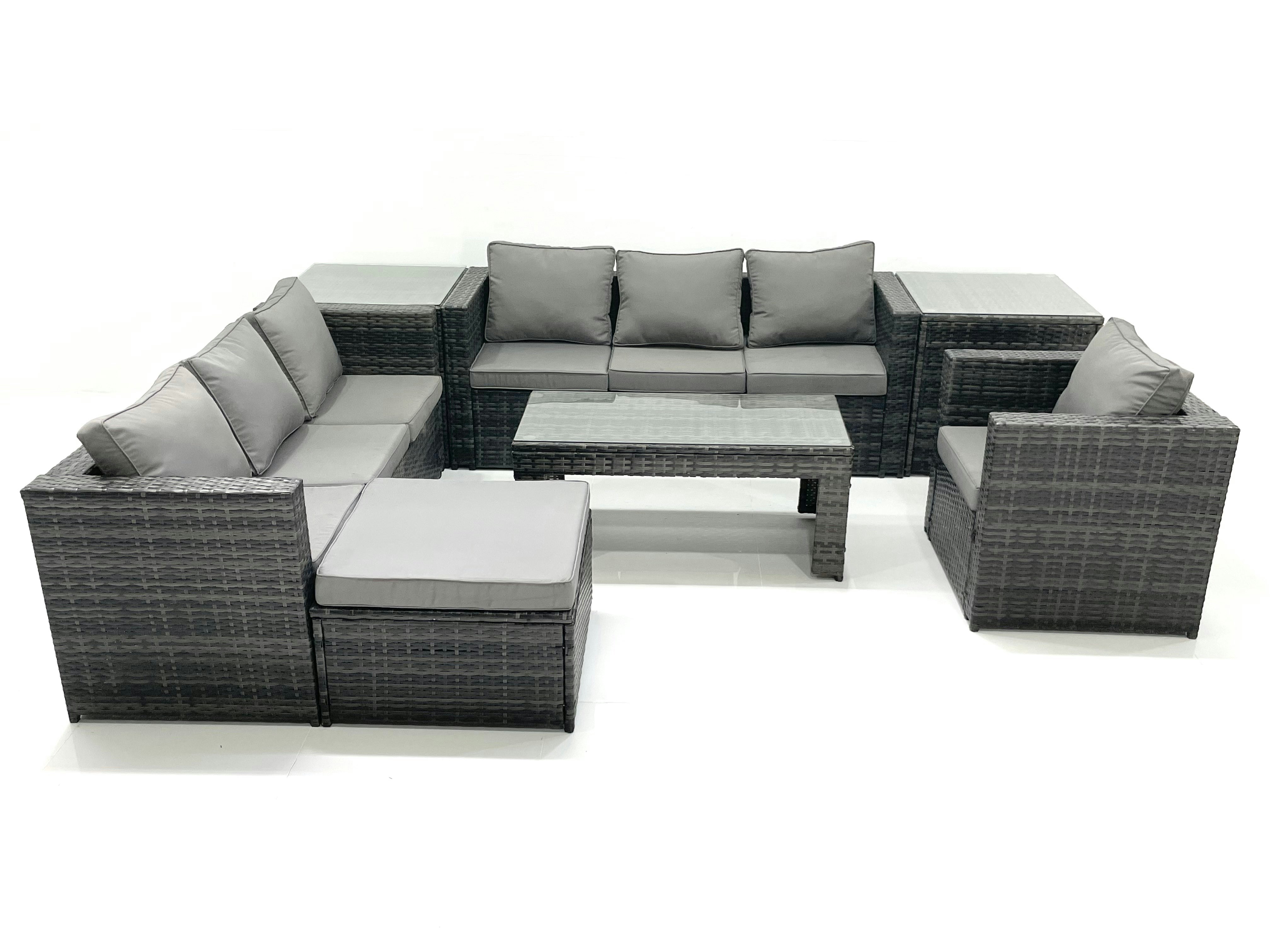 Rackhams Dark/Grey Rattan Garden Furniture Set Outdoor 8 Seater Patio Conversation Sets With Glass Top Coffee Table 2 Side Tables