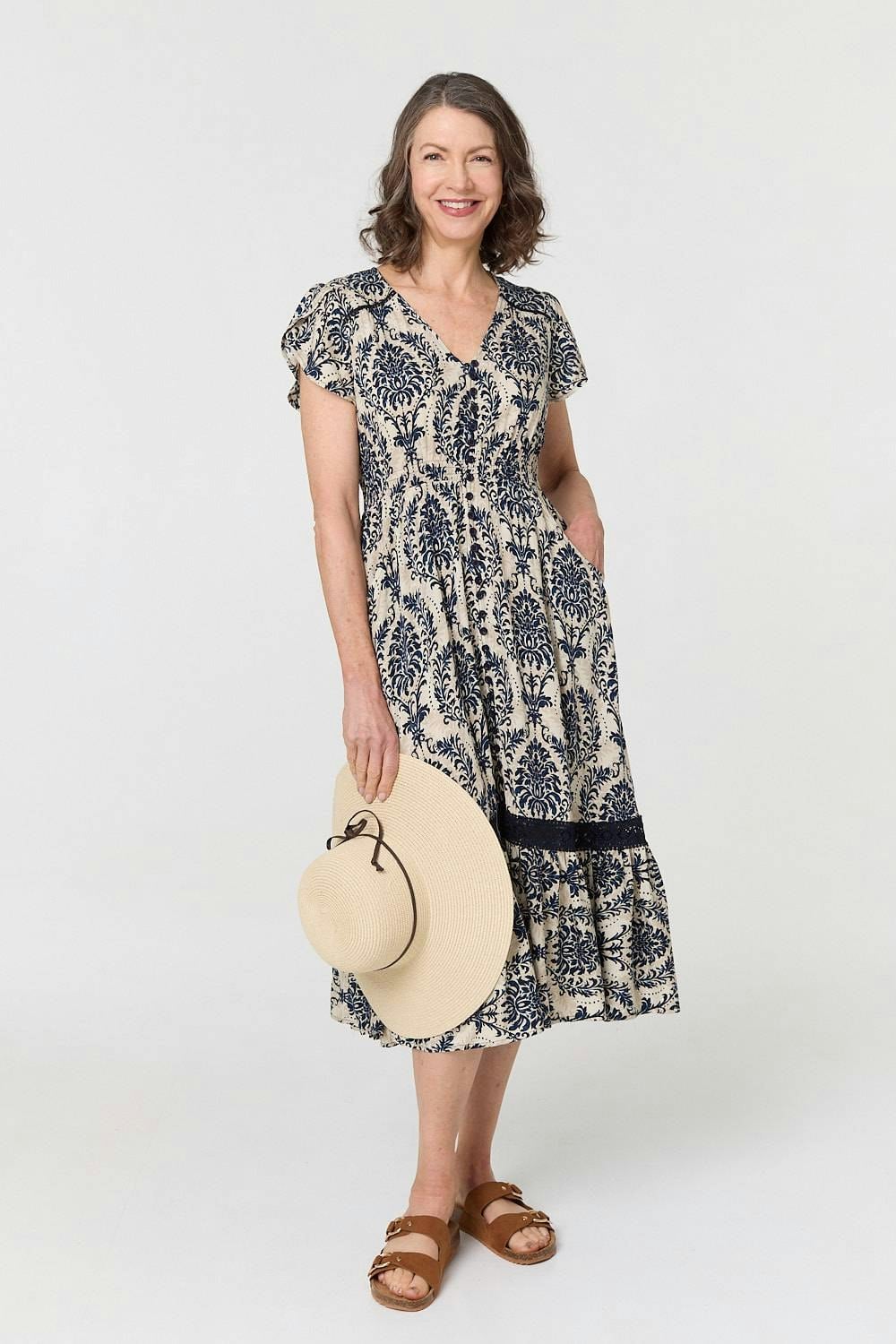 Izabel London Ikat Print Shirred Lace Midi Dress - Size 16