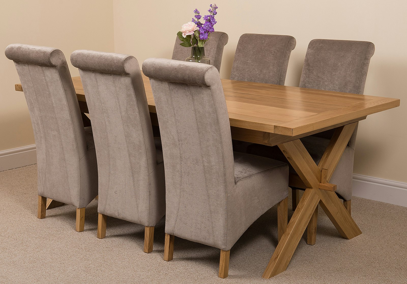 Rackhams Grey Vermont Cross Leg Oak Extending Dining Table With Montana Fabric Chairs - 6 Chairs