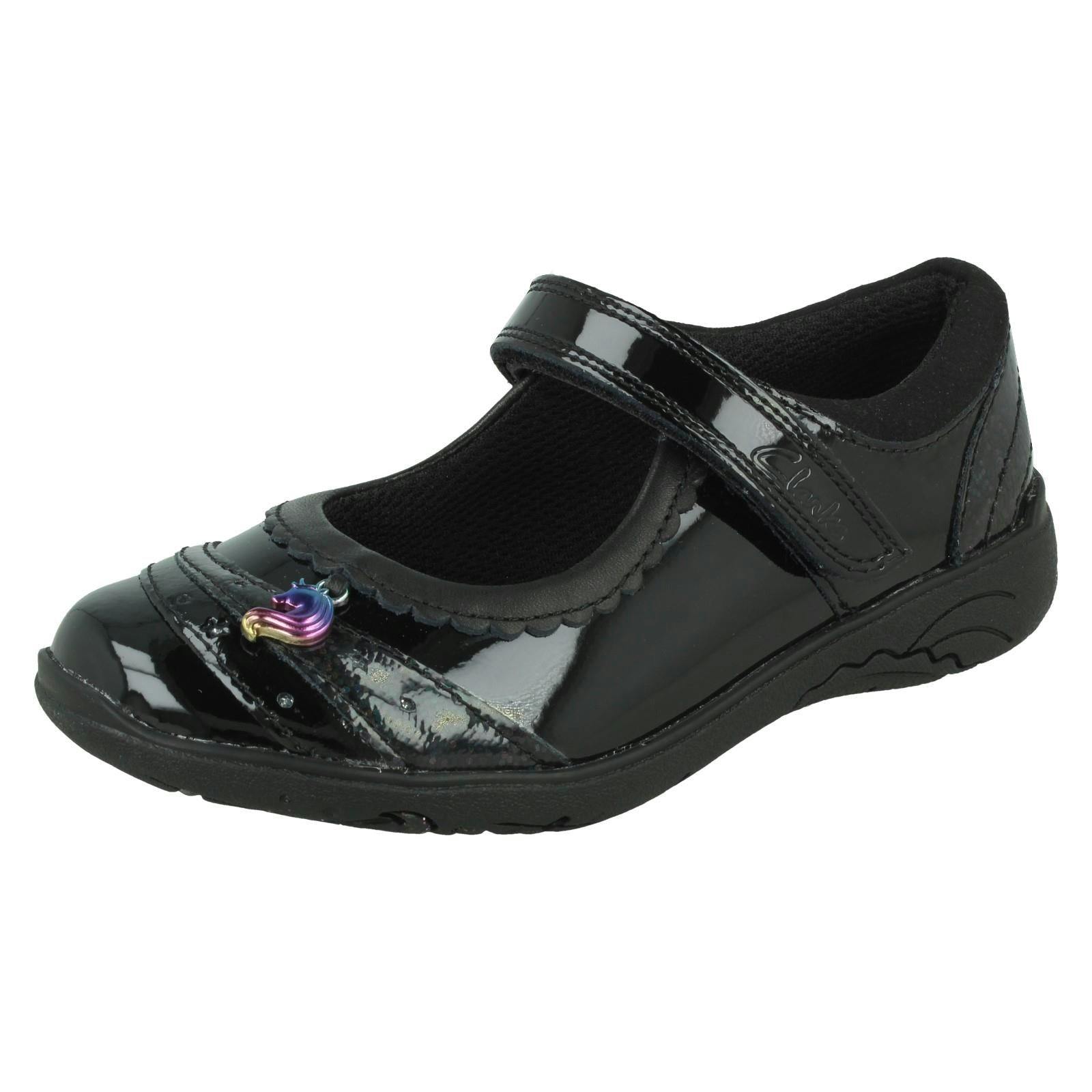 Clarks Girls Black Unicorn Charm School Shoes Relda Spark - Patent - Uk 8.5 Child - E