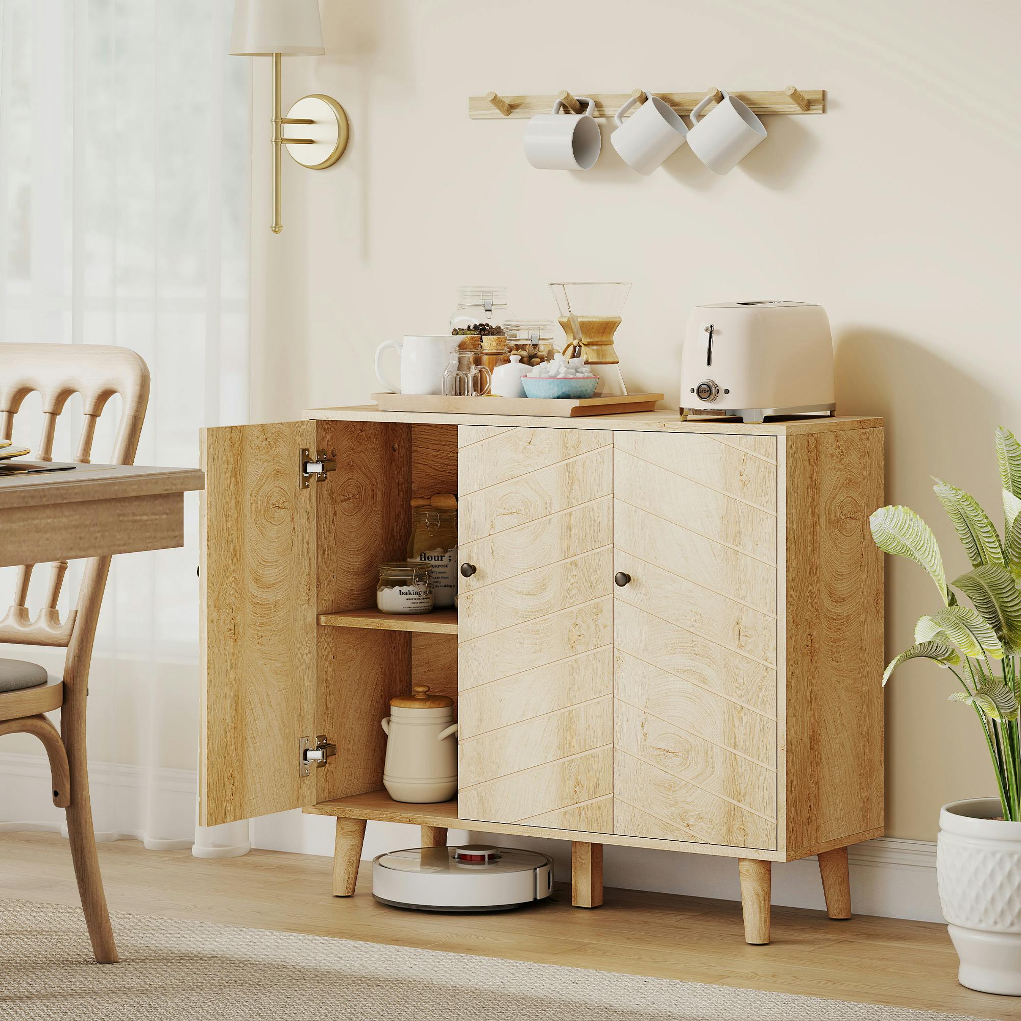 Rackhams Vintage Sideboard Cabinet With 3 Chevron Doors, Natural Wood Finish - Natural Wood Effect - Sideboard Cabinet - Natural Wood