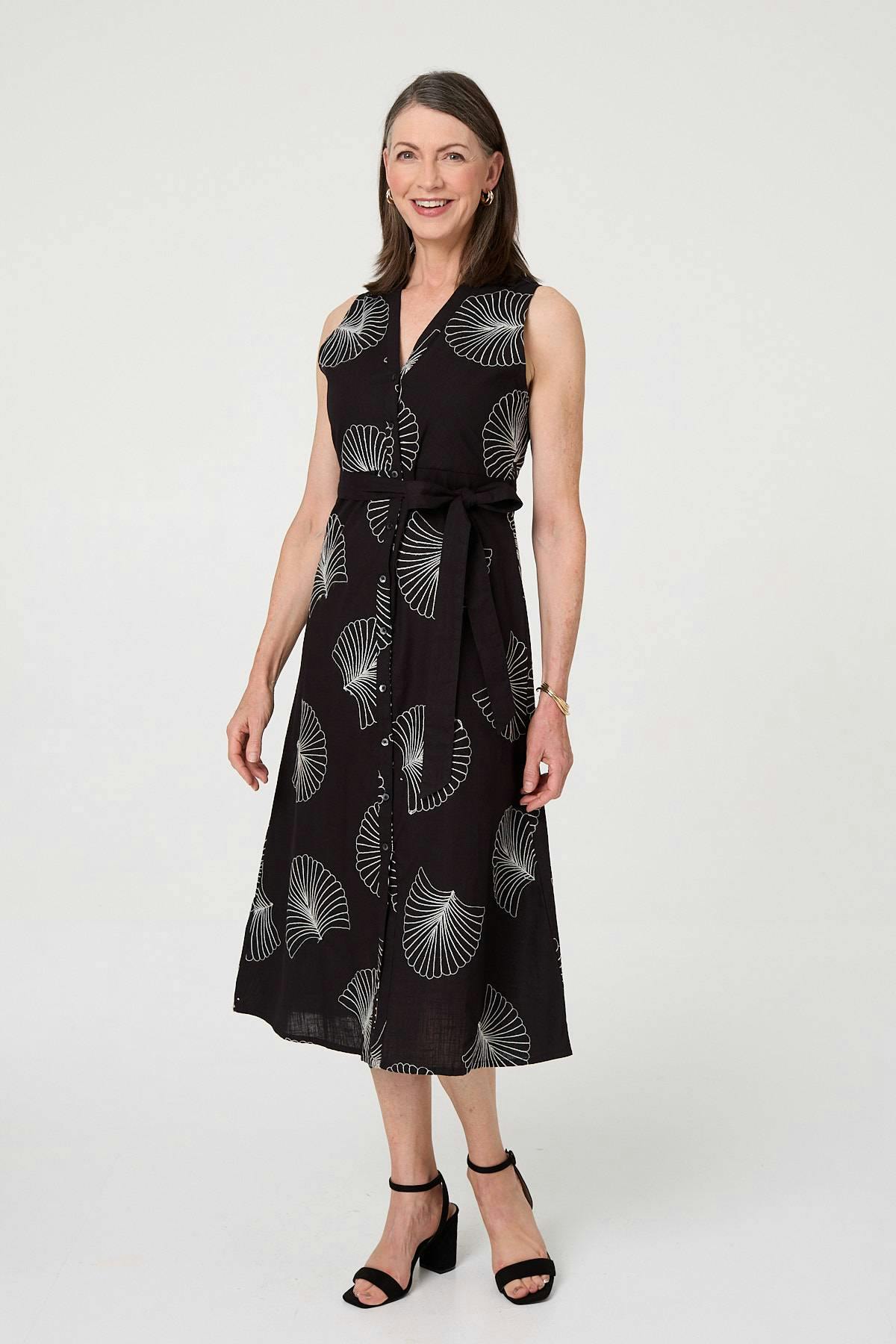Izabel London Black Embroidered Sleeveless Midi Shirt Dress - 8