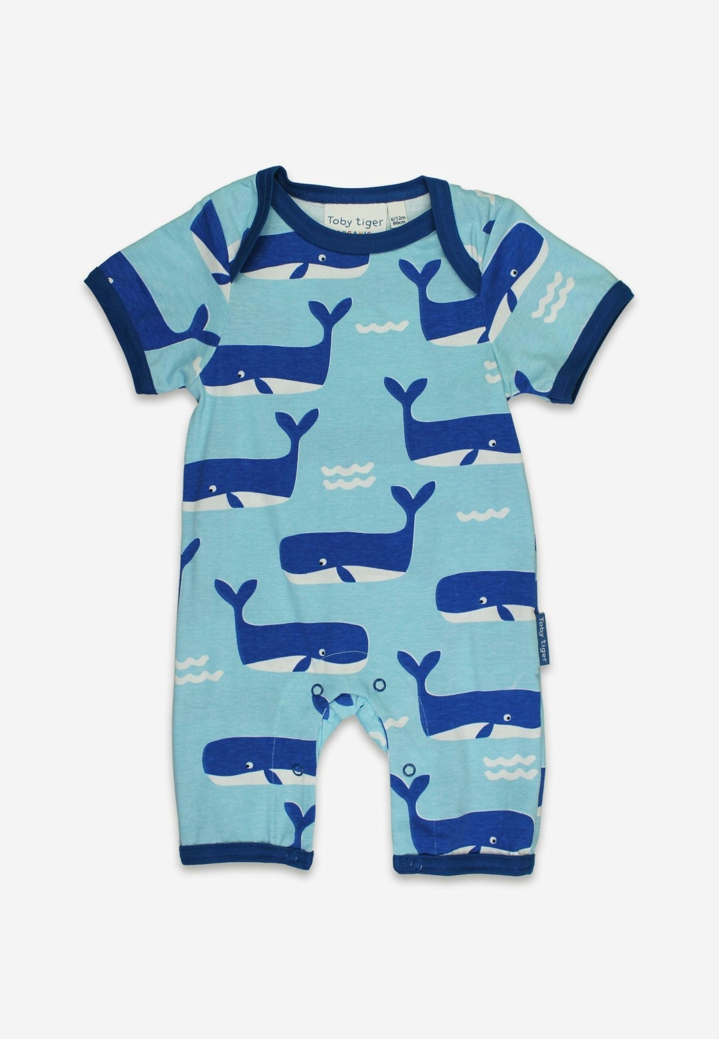 Toby Tiger Blue/White Organic Whale Waves Print Romper - 6-12M / 80Cm
