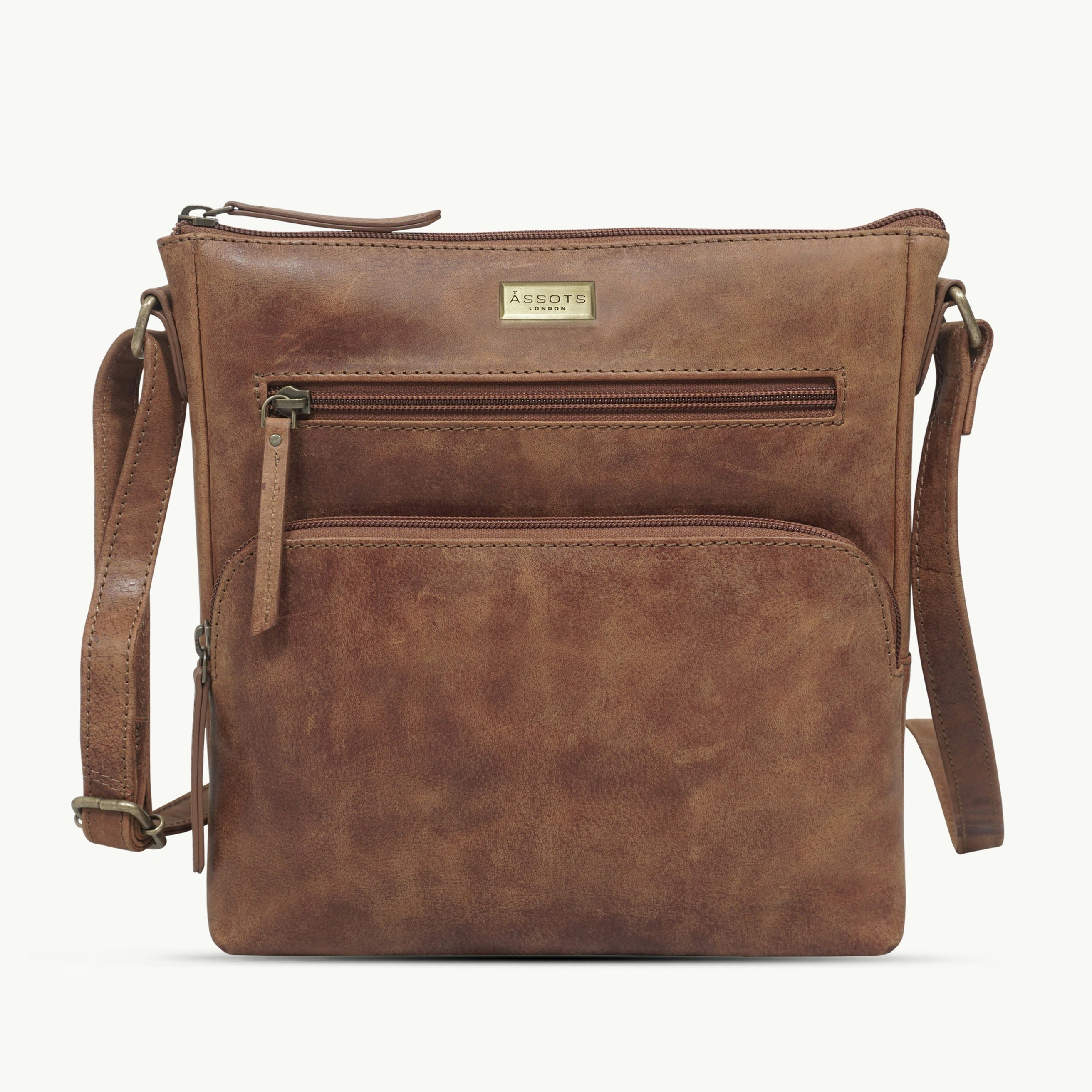 Assots London Beige 'Agatha' Distressed Tan Vintage Vt Real Leather Crossbody Bag 245Cm