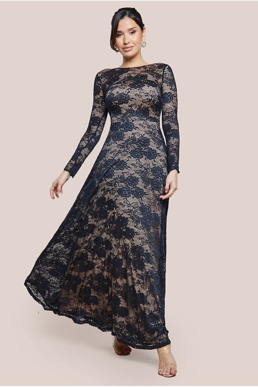 Goddiva Women's Black Scalloped Lace A-Line Maxi Dress - By - 8
