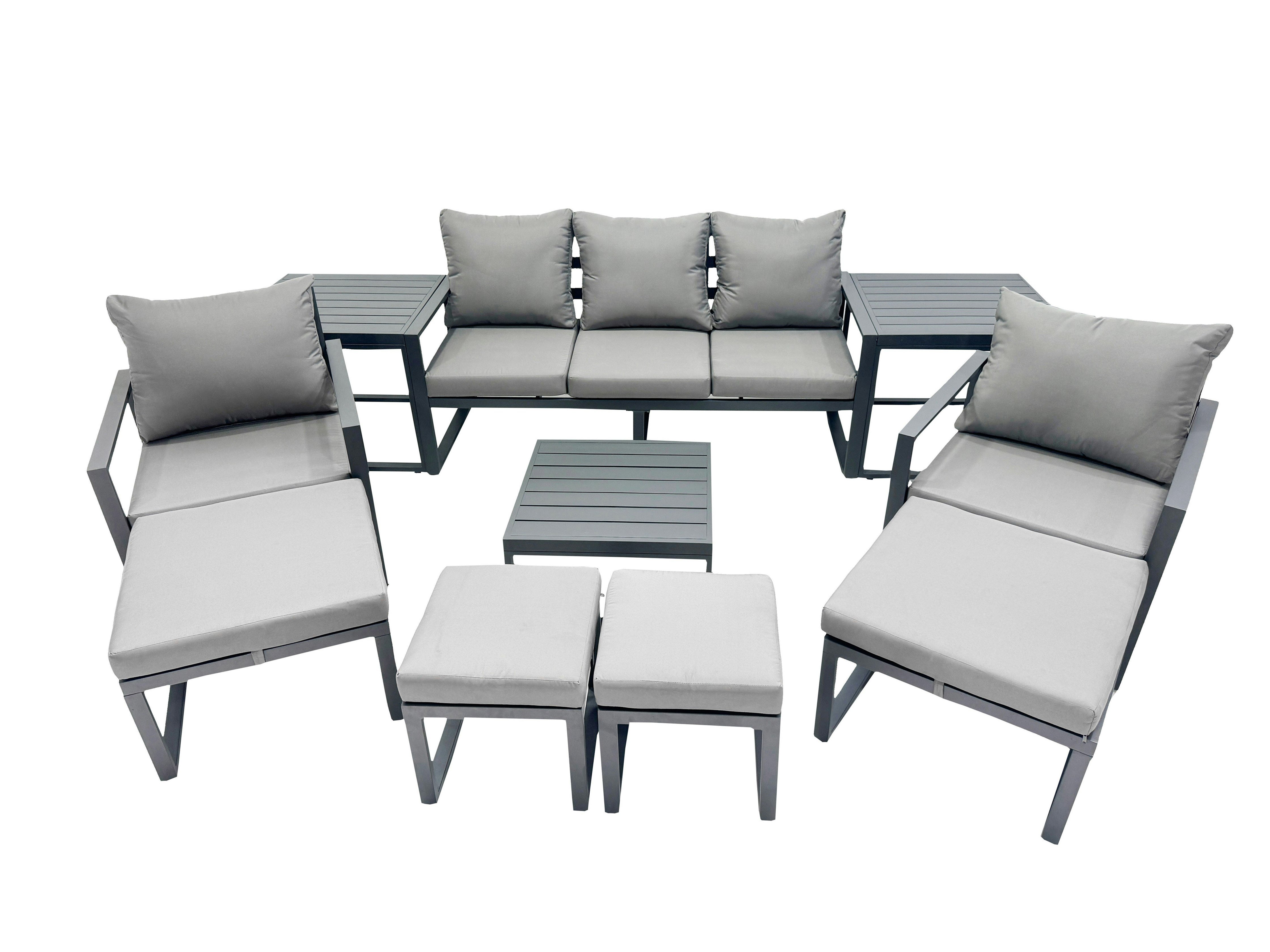 Rackhams Dark/Grey Outdoor Garden Furniture Set Aluminium Lounge Sofa Square Coffee Table Sets With 4 Stools 2 Side Tables