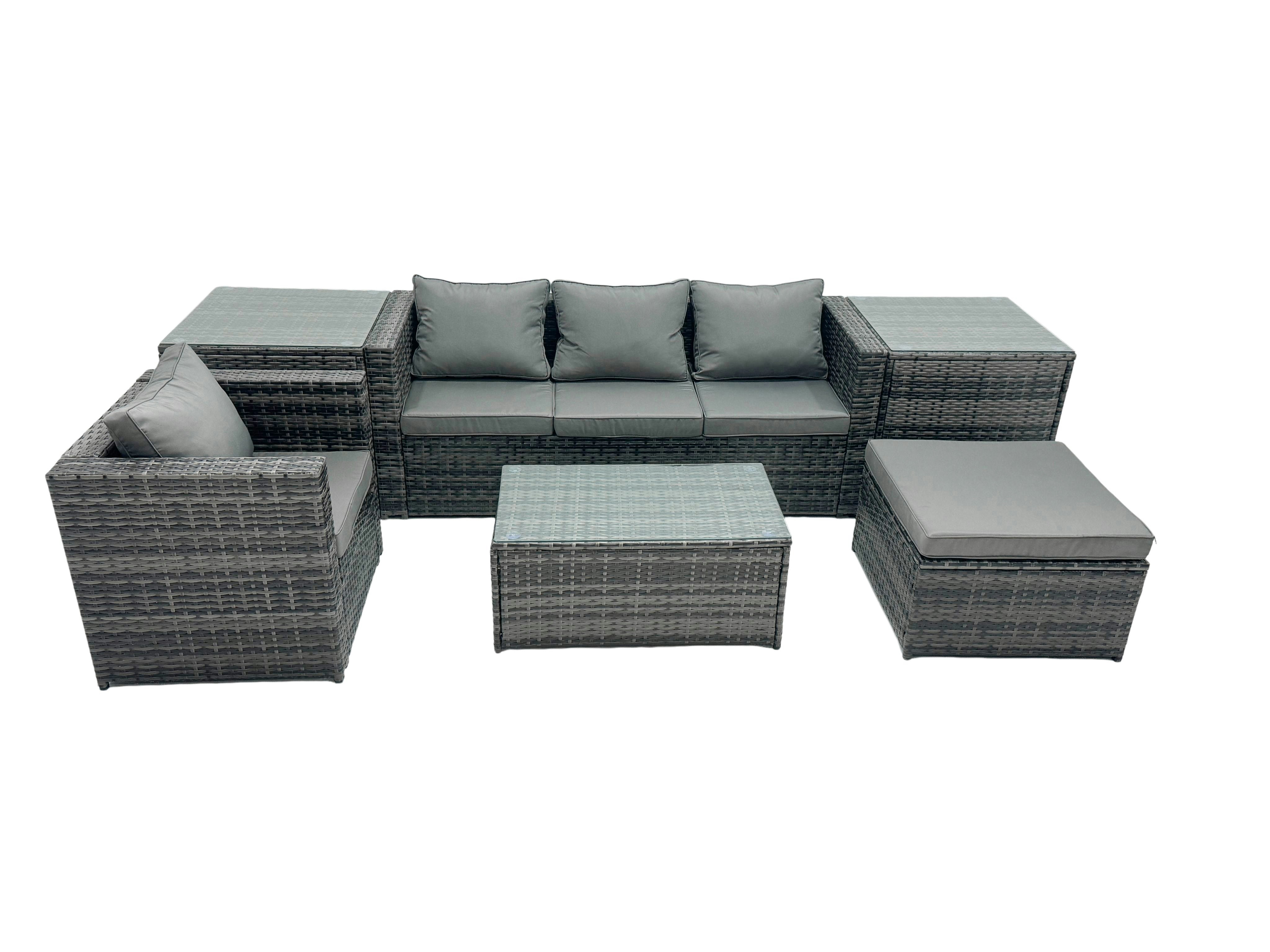 Fimous Dark/Grey Outdoor Coffee Table Sofa Armchair Set With Side Table Big Stool Garden Furniture Set Mixed