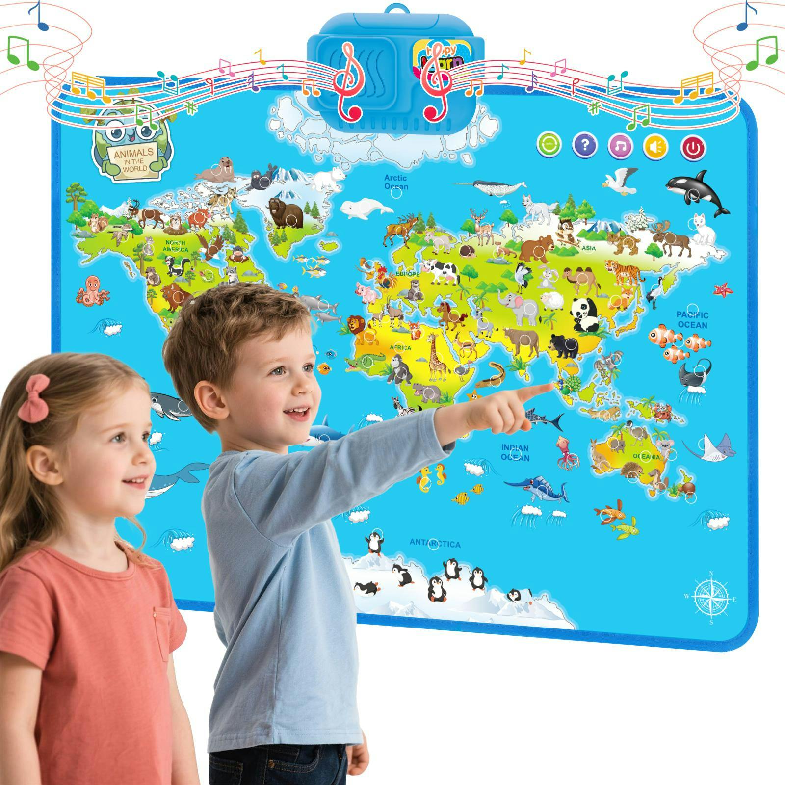 Deao Toys Blue Interactive Talking World Animal Map For Kids 105+ Animal Sounds & Facts Educational Touch Poster Toy Learn Geography Animals & Fun Quizzes - 3+