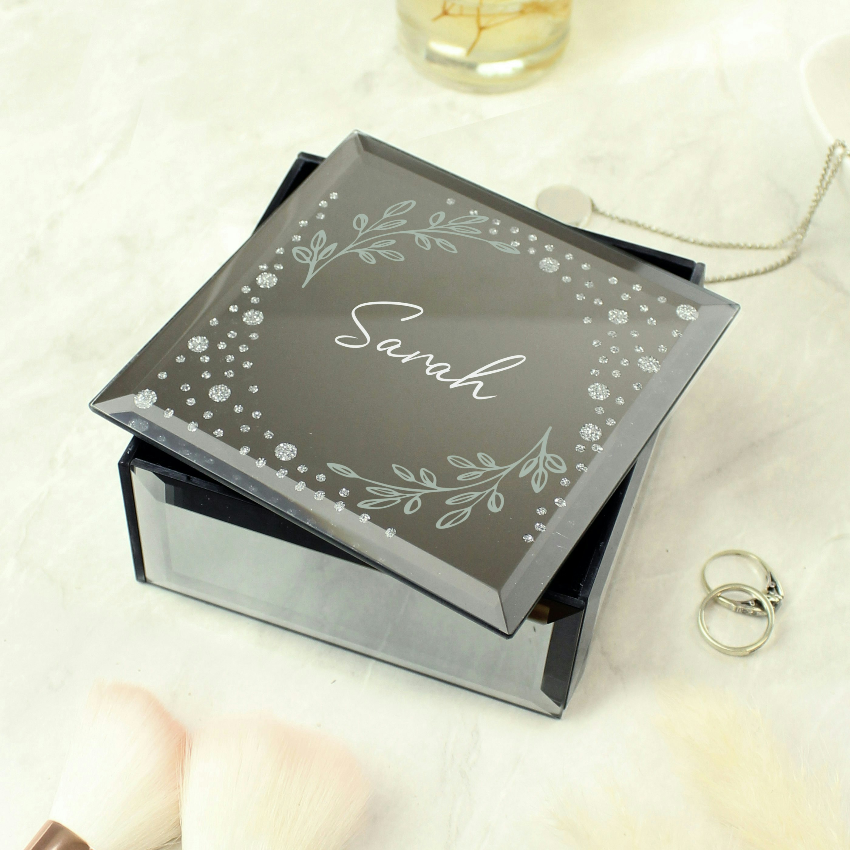 Personalised Memento Company Black Personalised Botanical Diamante Mirrored Trinket Box