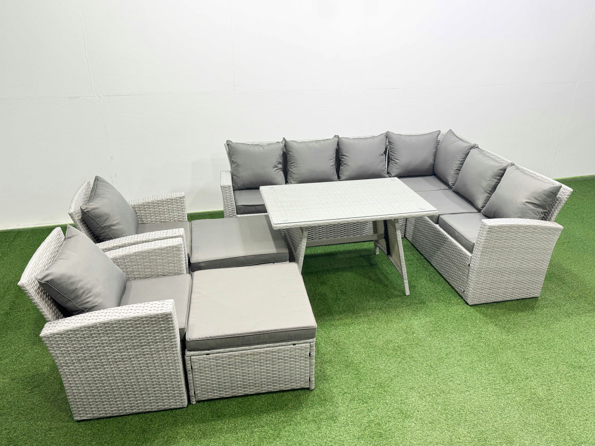 Fimous Light/Grey 10 Seater Garden Outdoor Rattan Furniture Set Rattan Corner Sofa Oblong Dining Table With 2 Armchairs 2 Big Footstools Mixed
