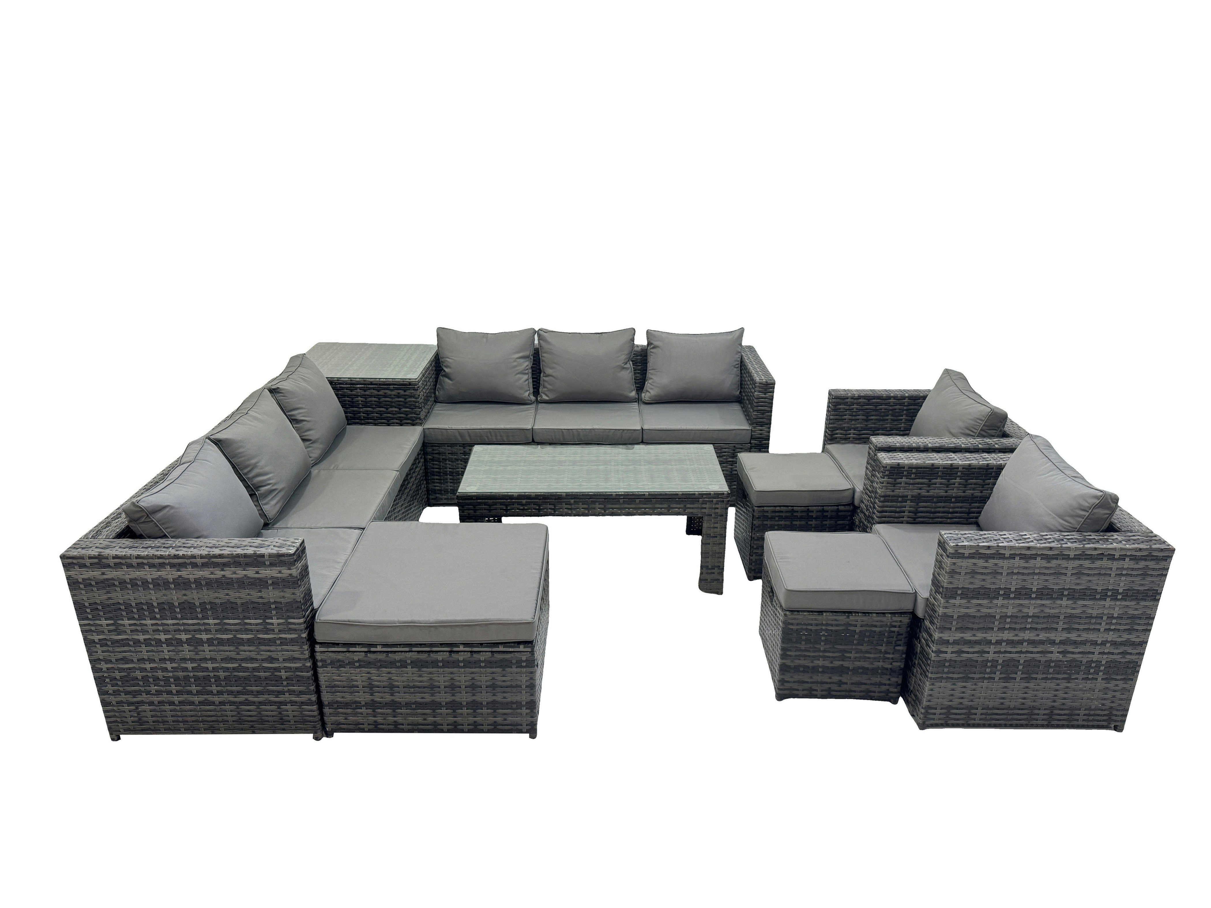 Rackhams Dark/Grey Garden Rattan Outdoor Furniture Set 11 Seater Patio Corner Sofa Oblong Coffee Table With Chair 3 Stools Side Table