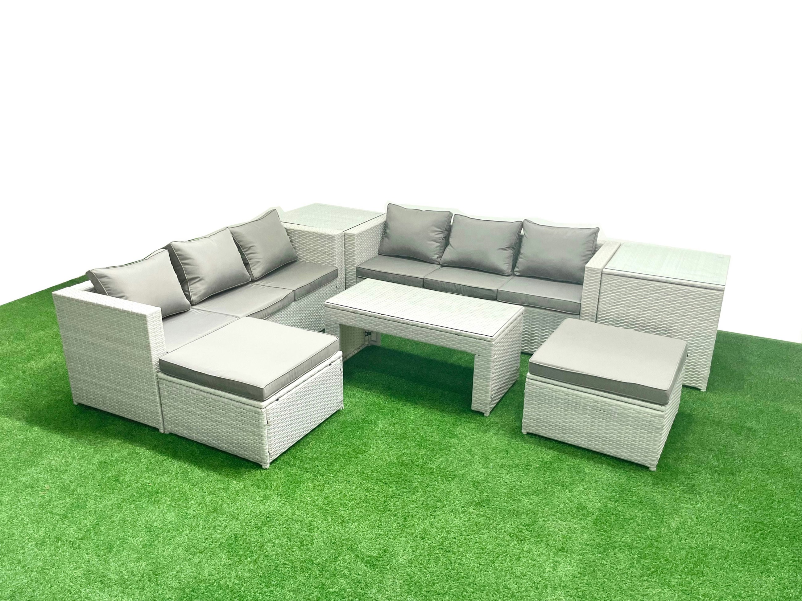 Rackhams Light/Grey 8 Seater Garden Outdoor Rattan Furniture Set Rattan Garden Sofa Oblong Coffee Table With 2 Big Footstools 2 Side Tables Mixed