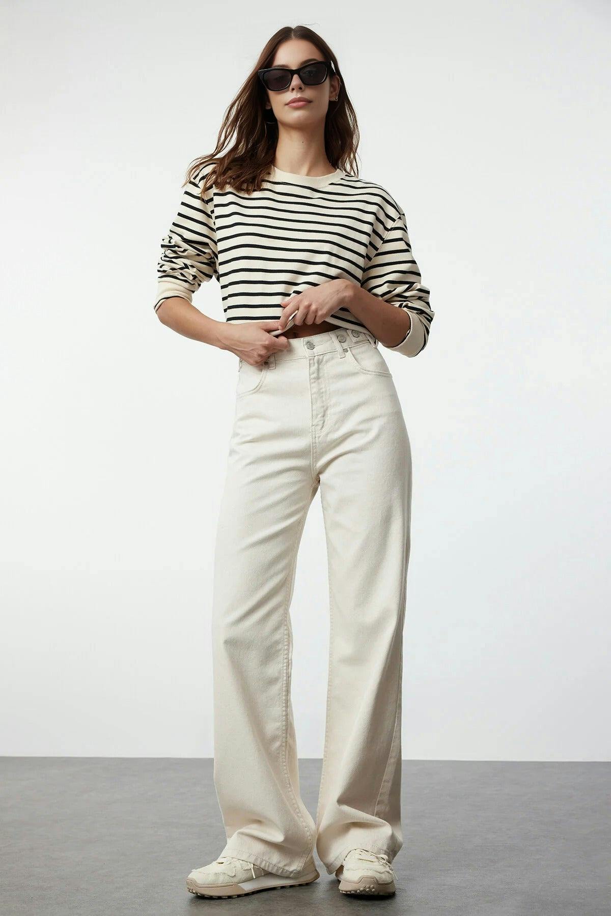 Wovcor Women's High Waist Wide Leg Jeans With Waist Detail - Ecru - 10