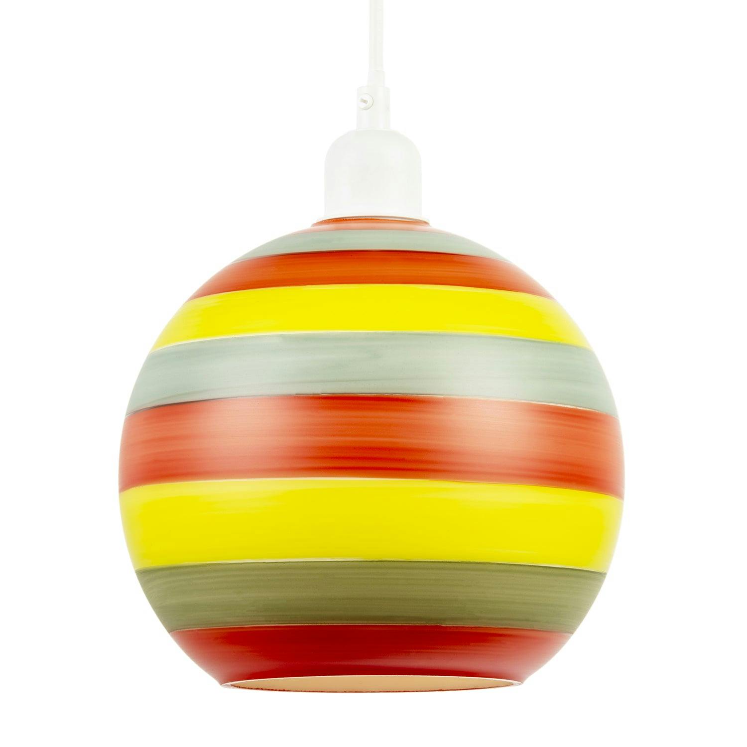 Happy Homewares Red/Orange/Yellow Multicolour Striped Glass Globe Pendant Shade With Retro Character