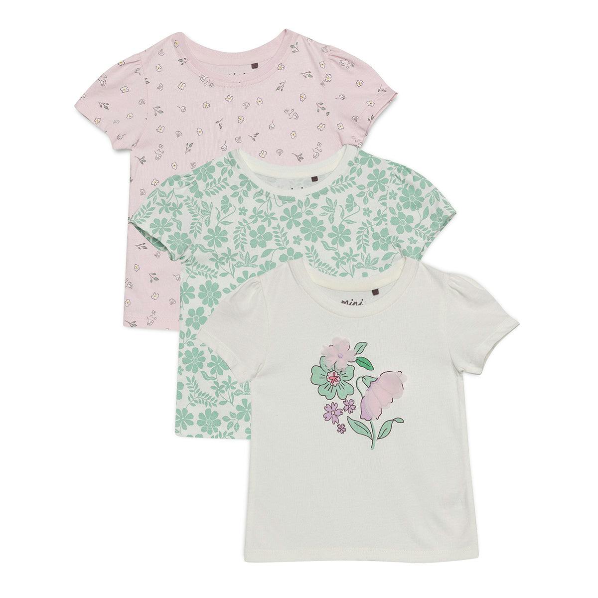 Mini Cuddles Women's Ivory/Green/Pink Baby Girls 3Pk Floral Printed Tops, Multicolour - 12-18 Months