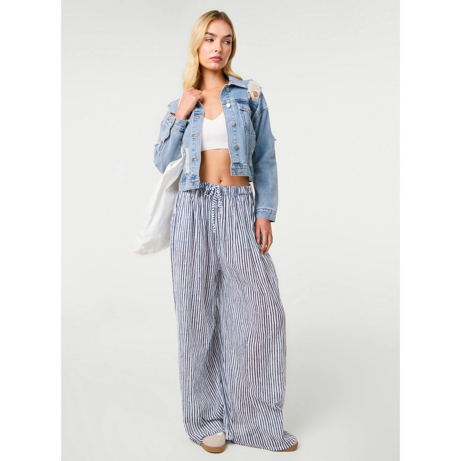 Pink Vanilla Pink/Light/Blue Vanilla Distressed Cropped Denim Jacket - S