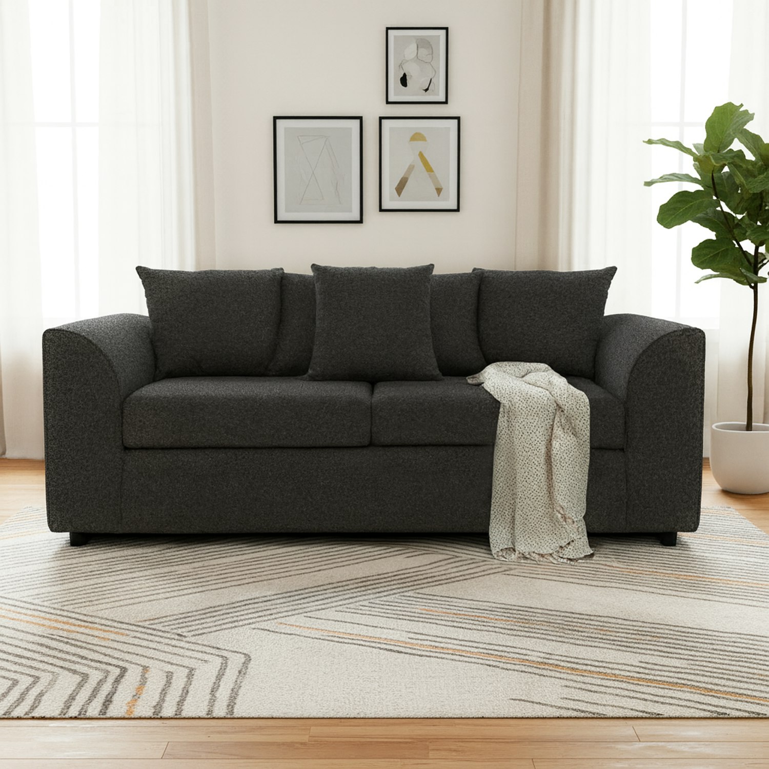 Furnishings For Less Black Paris Boucle Charcoal Fabric 3 Seater Sofa