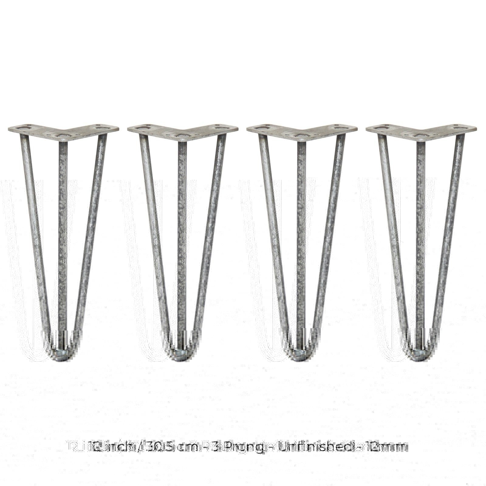 Rackhams 4 X 12" Hairpin Legs - 3 Prong - 12Mm - Raw Steel