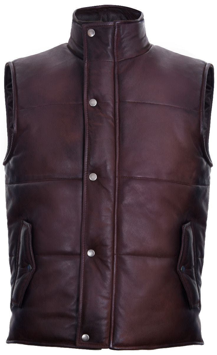 Infinity Leather Men's Brown Puffer Warmer Waistcoat Sleeveless Padded Leather Jacket - Uk Xl | Eu 52 | Us 42
