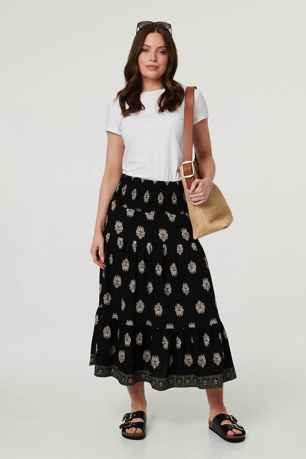 Izabel London Black Printed Shirred High Waist Midi Skirt - 10